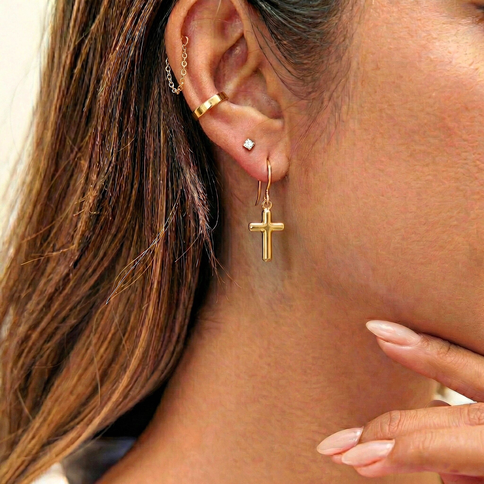 9K Yellow Gold 8 mm x 28mm Cross Drop Earrings