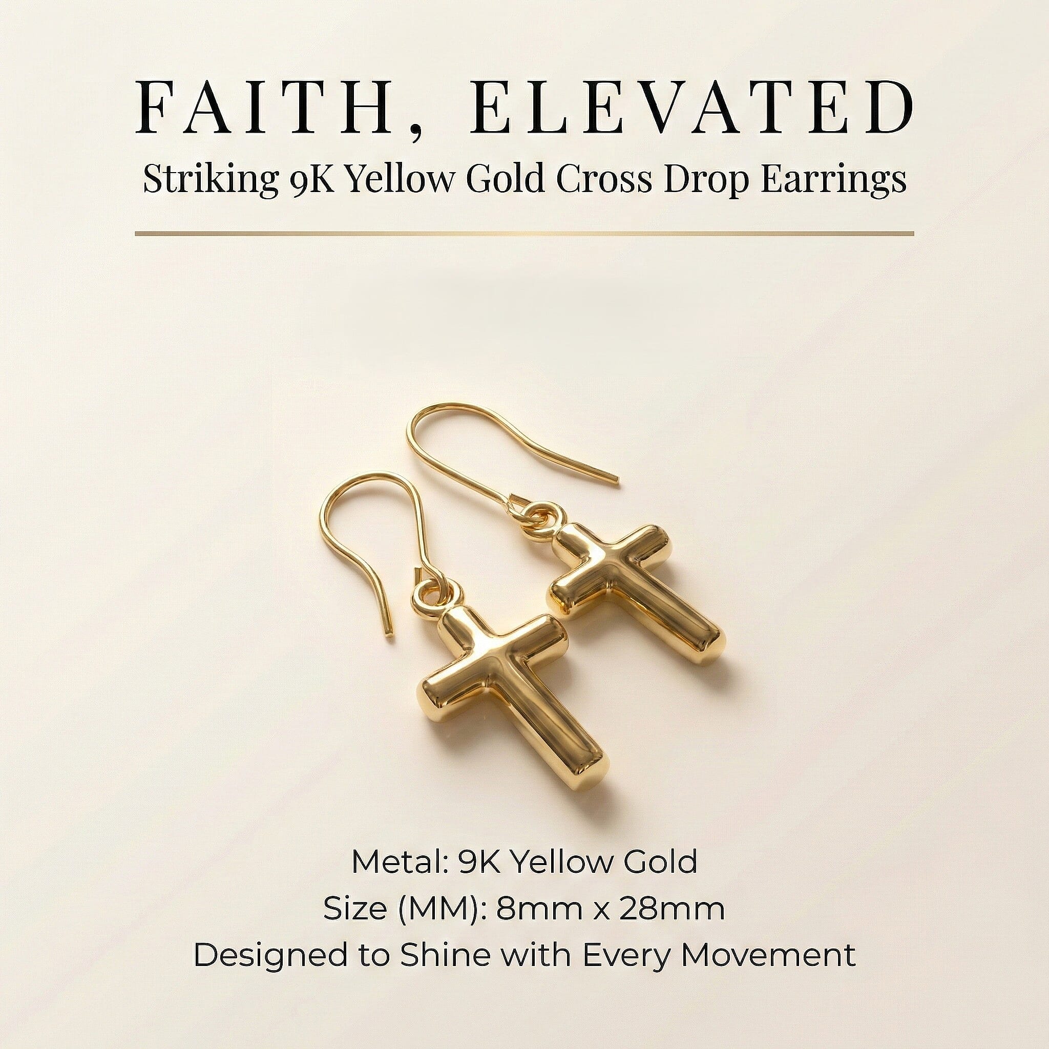 9K Yellow Gold 8 mm x 28mm Cross Drop Earrings