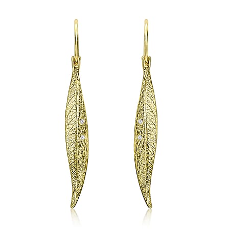 9K Yellow Gold Cubic Zirconia 4.5 mm x 39mm Leaf Drop Earrings