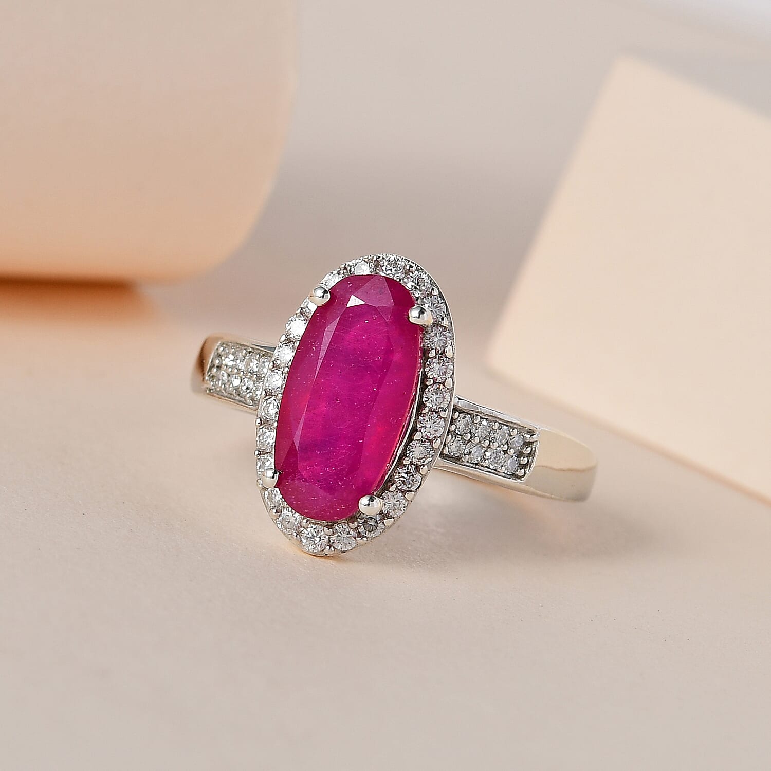 African Ruby & Moissanite Ring in Platinum Overlay Sterling Silver 3.55 Ct.