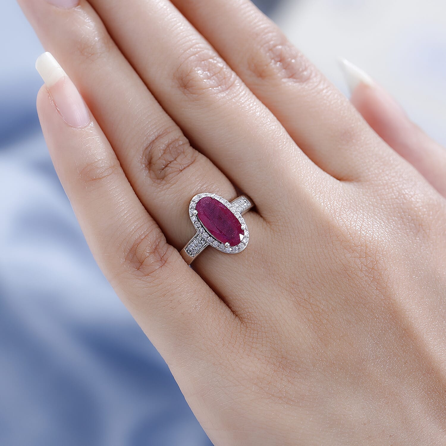 African Ruby & Moissanite Ring in Platinum Overlay Sterling Silver 3.55 Ct.
