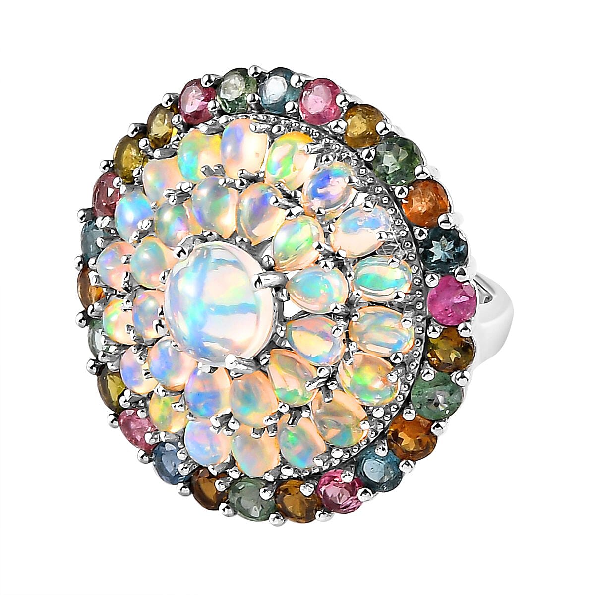 Ethiopian Welo Opal and Multi-Tourmaline Cluster Ring in Platinum Overlay Sterling Silver 7.30 Ct, Silver Wt. 10.05 Gms