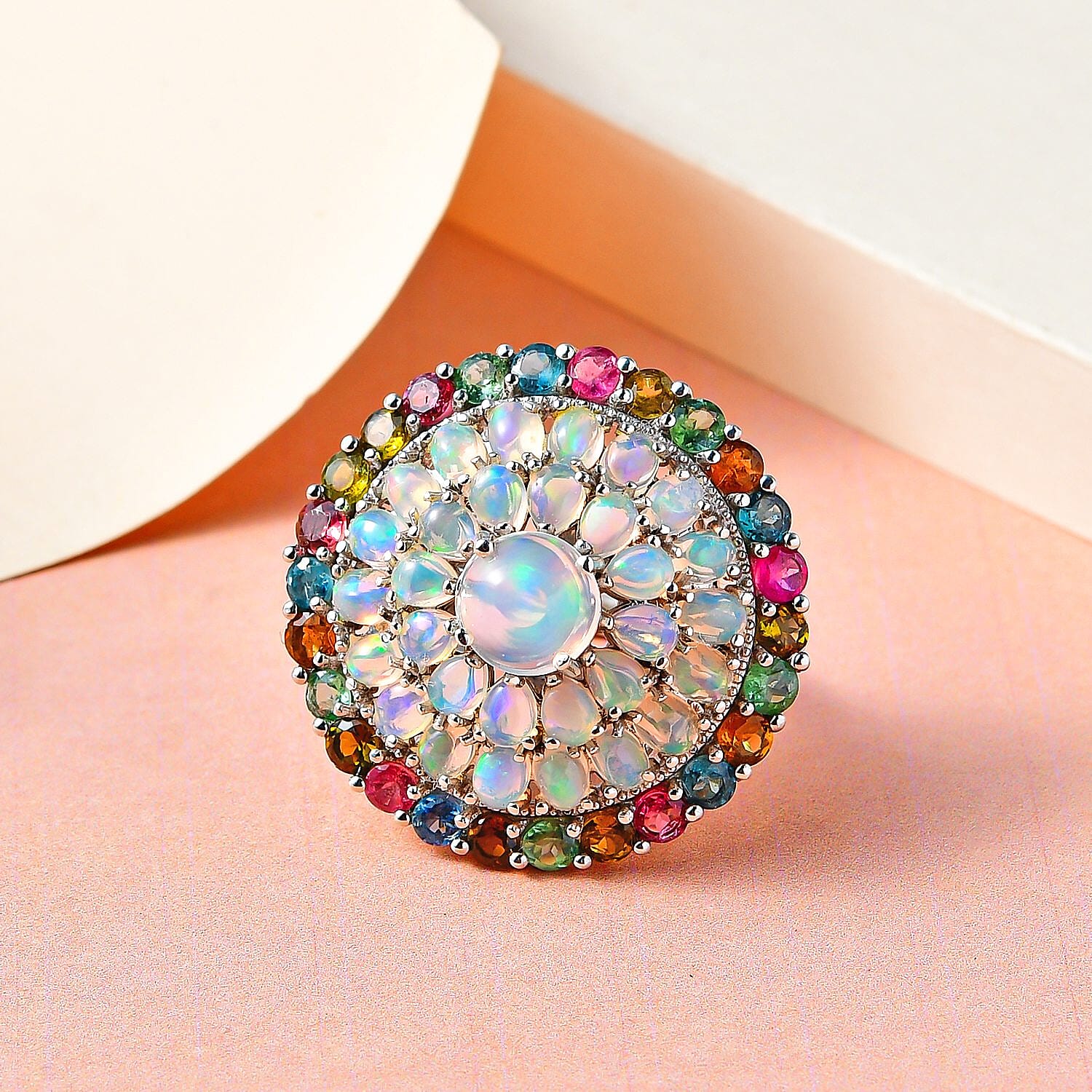 Ethiopian Welo Opal and Multi-Tourmaline Cluster Ring in Platinum Overlay Sterling Silver 7.30 Ct, Silver Wt. 10.05 Gms