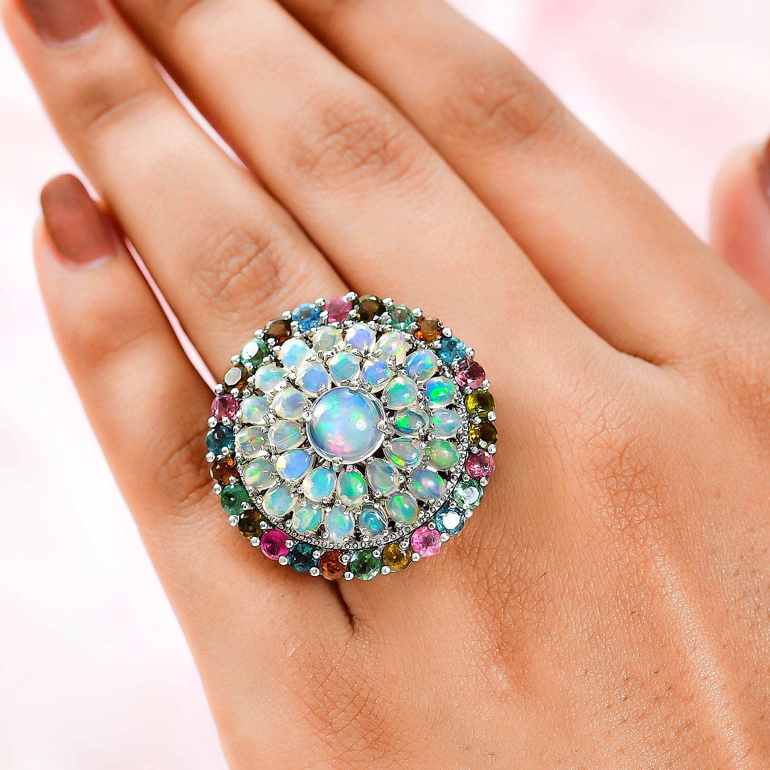 Ethiopian Welo Opal and Multi-Tourmaline Cluster Ring in Platinum Overlay Sterling Silver 7.30 Ct, Silver Wt. 10.05 Gms