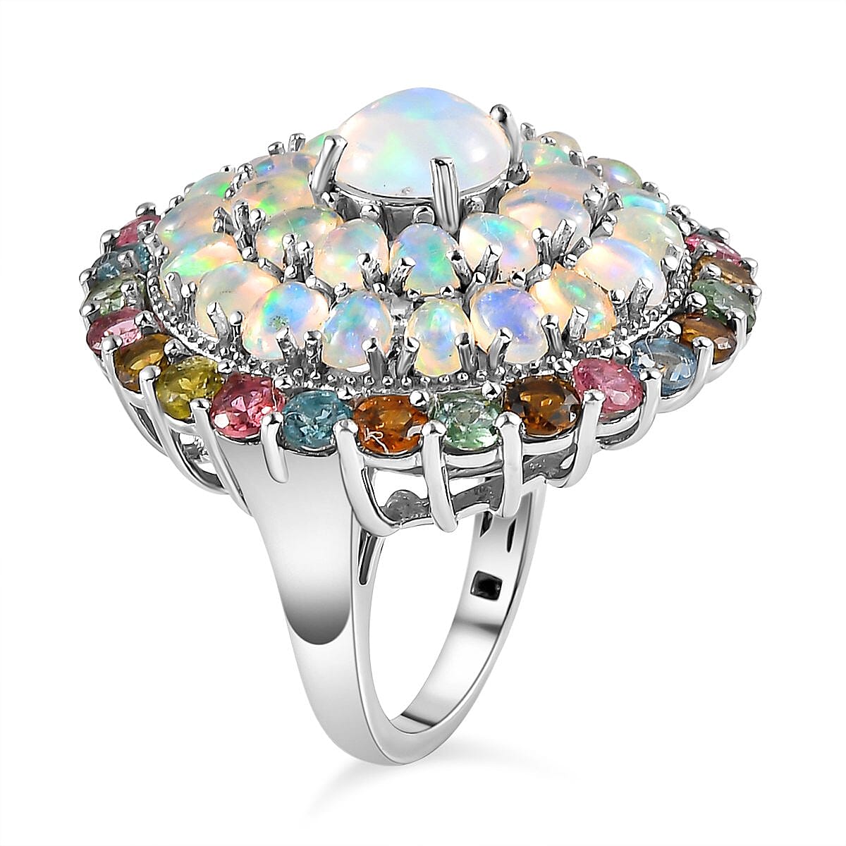 Ethiopian Welo Opal and Multi-Tourmaline Cluster Ring in Platinum Overlay Sterling Silver 7.30 Ct, Silver Wt. 10.05 Gms