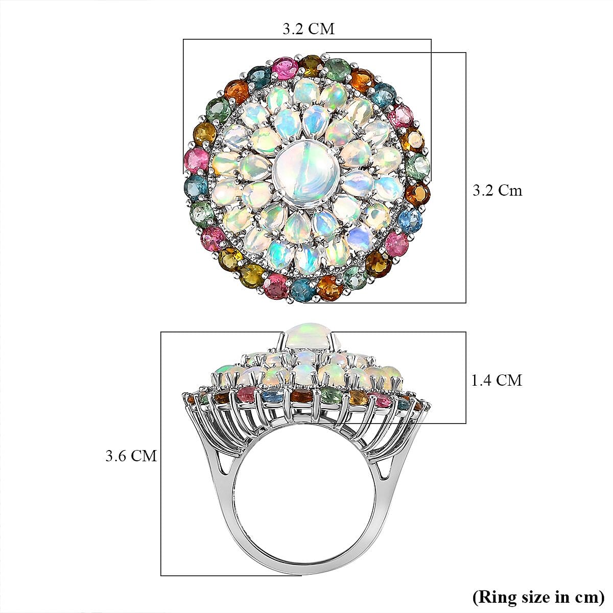 Ethiopian Welo Opal and Multi-Tourmaline Cluster Ring in Platinum Overlay Sterling Silver 7.30 Ct, Silver Wt. 10.05 Gms
