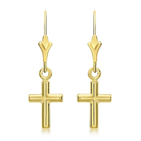 9K Yellow Gold 8 mm x 21mm Cross Drop Earrings