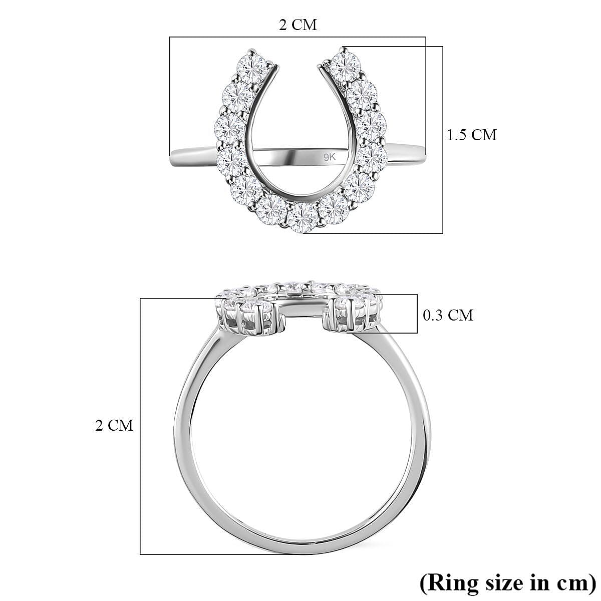 9K White Gold Moissanite Horseshoe Ring 0.64 Ct.