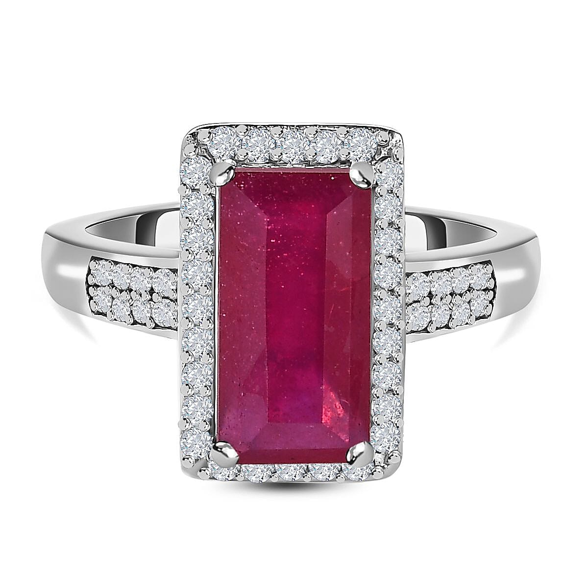 African Ruby and Moissanite Halo Ring in Platinum Overlay Sterling Silver 4.70 Ct.