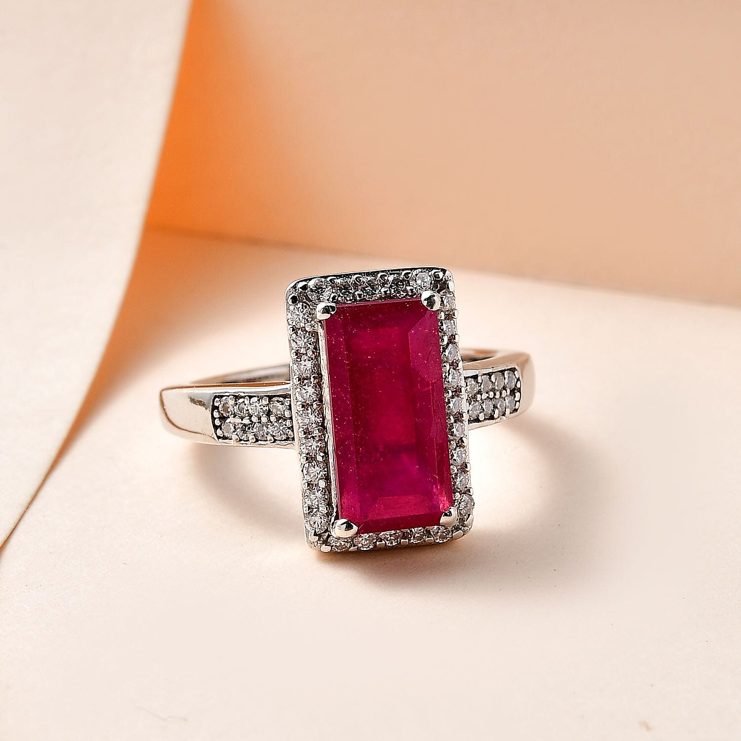 African Ruby and Moissanite Halo Ring in Platinum Overlay Sterling Silver 4.70 Ct.