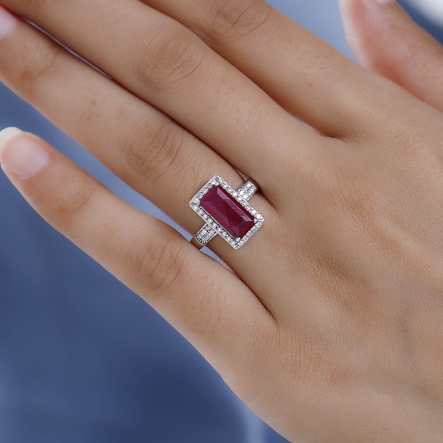 African Ruby and Moissanite Halo Ring in Platinum Overlay Sterling Silver 4.70 Ct.