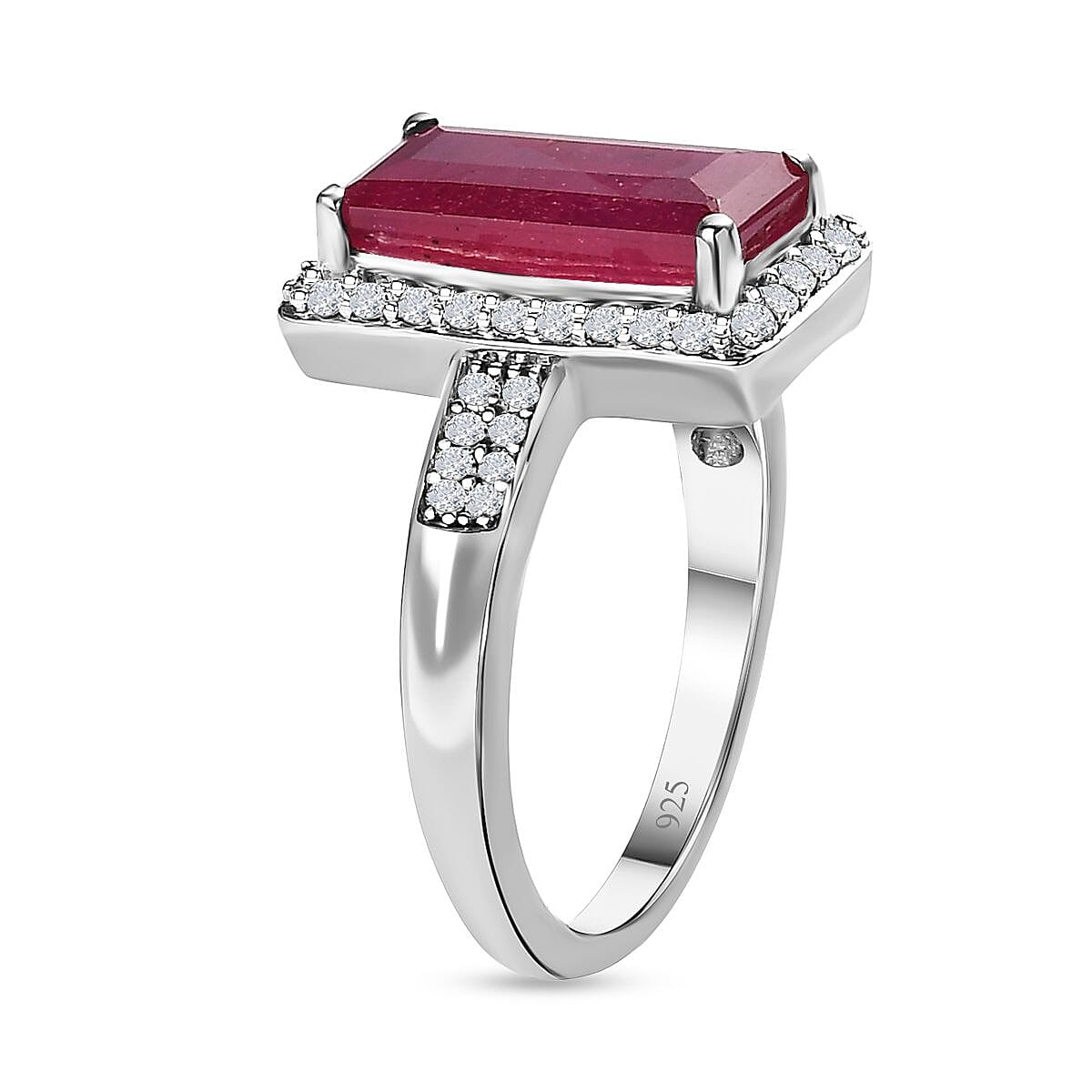 African Ruby and Moissanite Halo Ring in Platinum Overlay Sterling Silver 4.70 Ct.