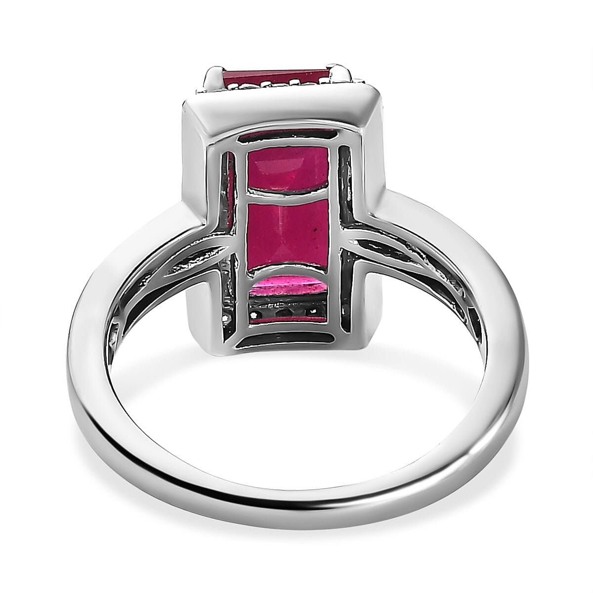 African Ruby and Moissanite Halo Ring in Platinum Overlay Sterling Silver 4.70 Ct.