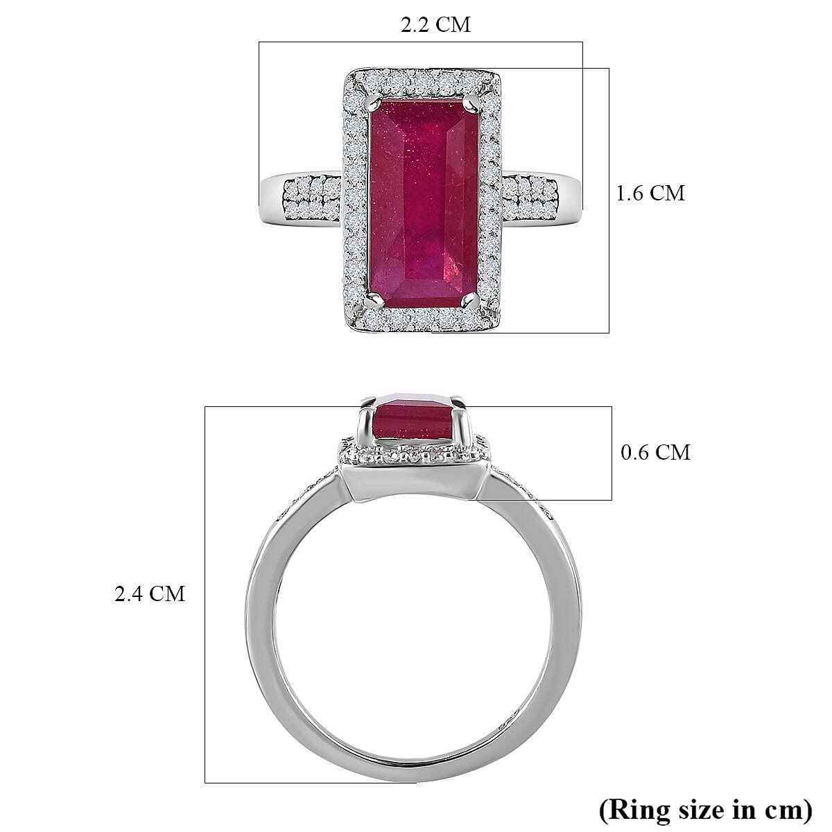African Ruby and Moissanite Halo Ring in Platinum Overlay Sterling Silver 4.70 Ct.