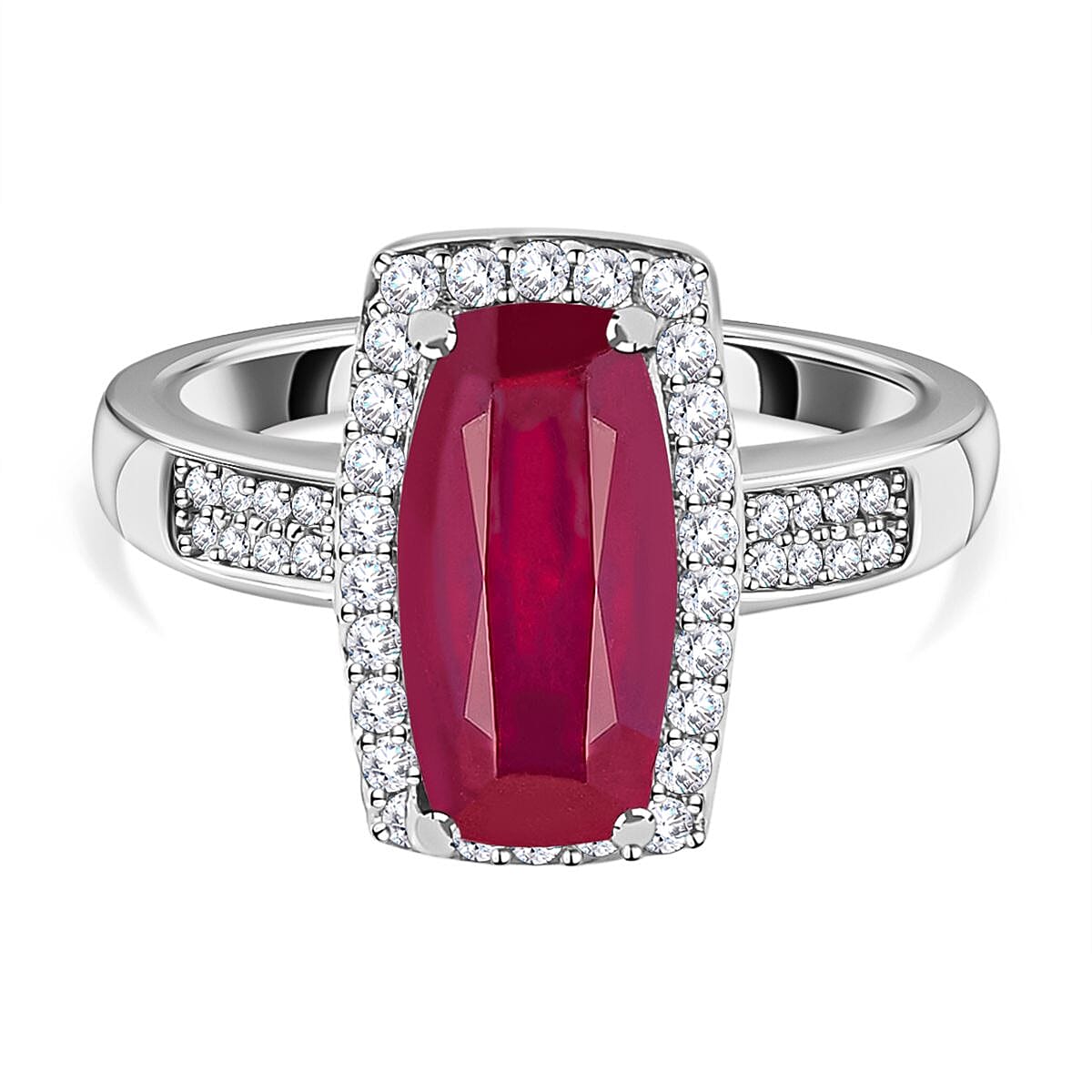 African Ruby & Moissanite Ring in Platinum Overlay Sterling Silver 3.45 Ct.