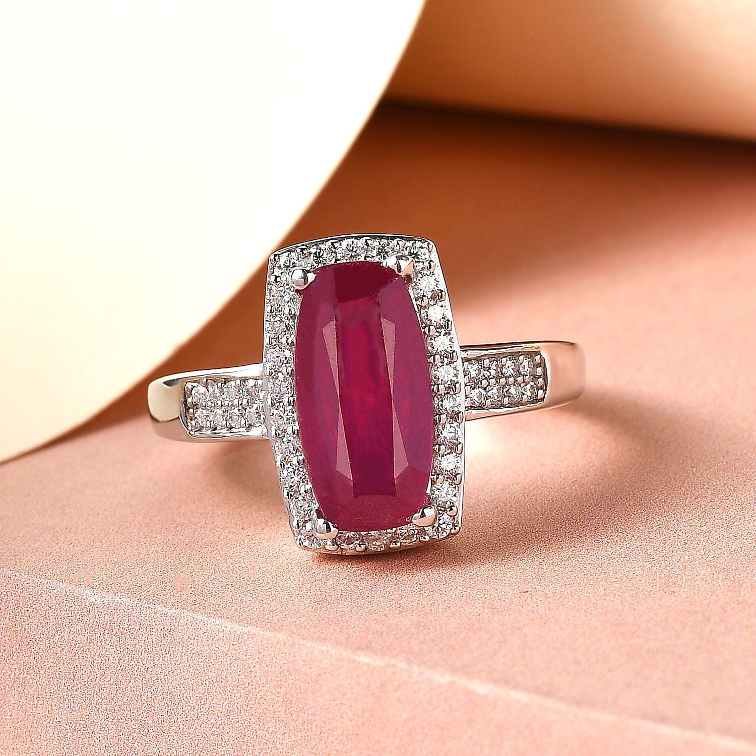 African Ruby & Moissanite Ring in Platinum Overlay Sterling Silver 3.45 Ct.