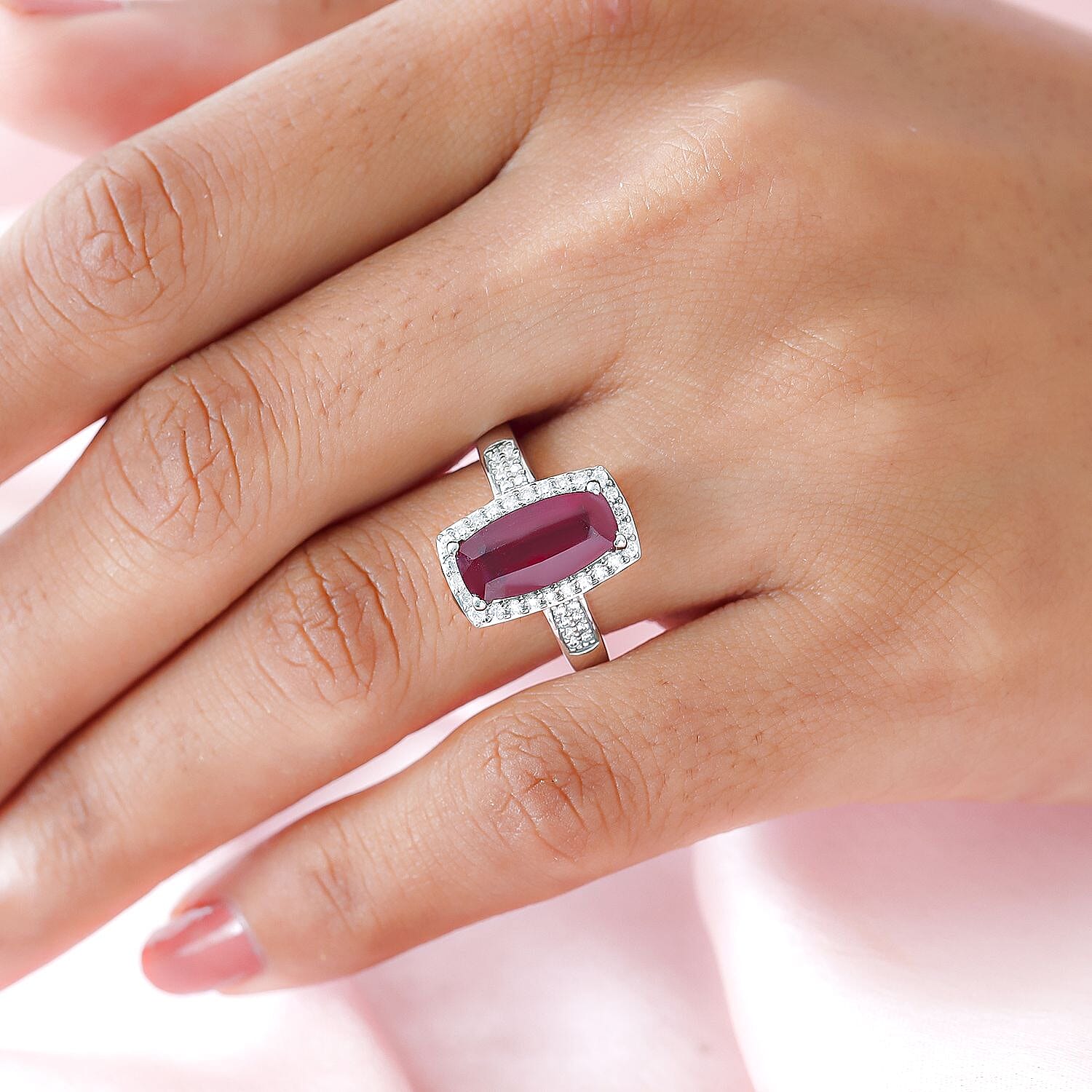 African Ruby & Moissanite Ring in Platinum Overlay Sterling Silver 3.45 Ct.