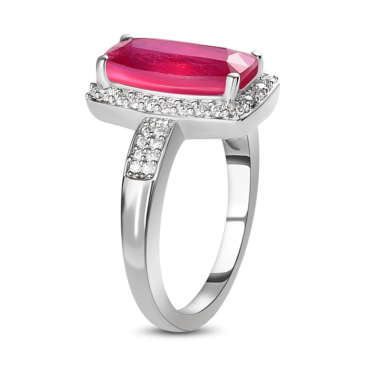 African Ruby & Moissanite Ring in Platinum Overlay Sterling Silver 3.45 Ct.