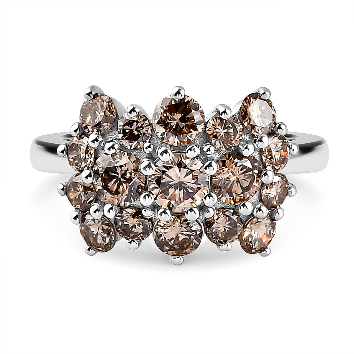 Champagne Diamond Cluster Ring in Platinum Overlay Sterling Silver 2.000 Ct.