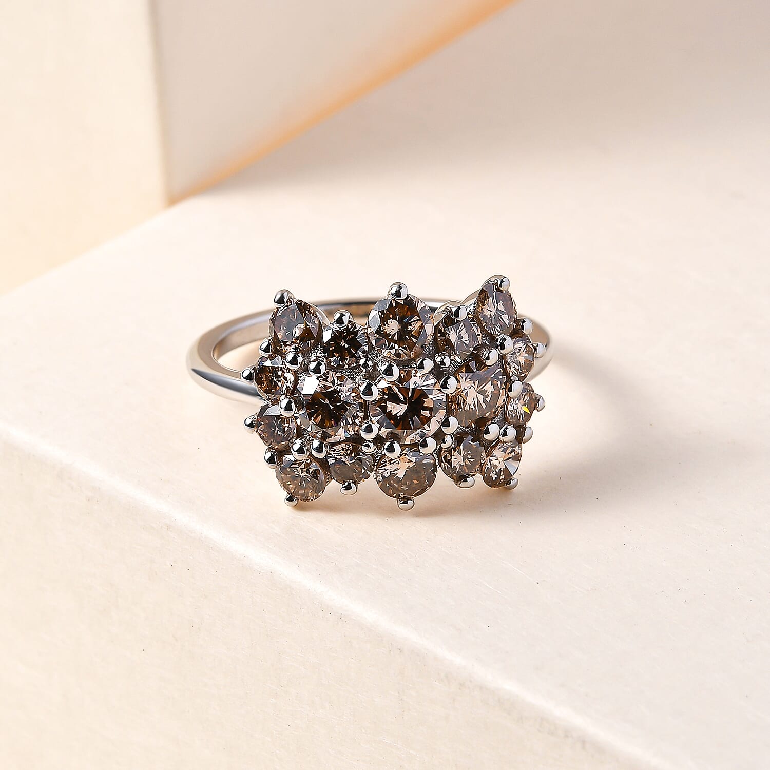 Champagne Diamond Cluster Ring in Platinum Overlay Sterling Silver 2.000 Ct.