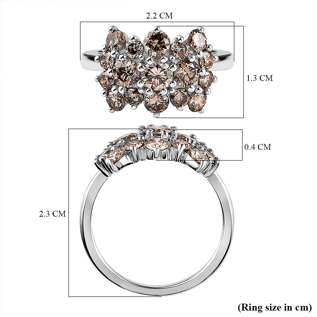 Champagne Diamond Cluster Ring in Platinum Overlay Sterling Silver 2.000 Ct.