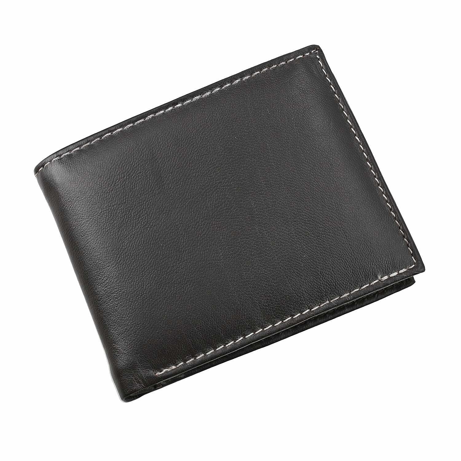 100% Genuine Leather Bi Fold Wallet with RFID Protection - Brown