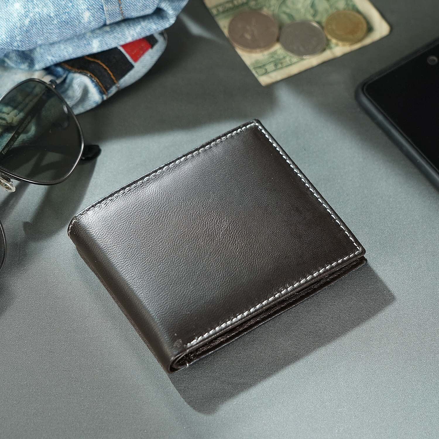100% Genuine Leather Bi Fold Wallet with RFID Protection - Brown