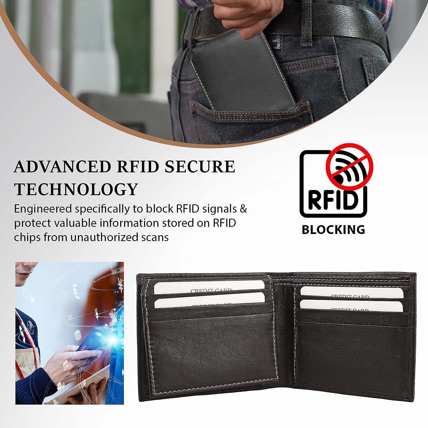 100% Genuine Leather Bi Fold Wallet with RFID Protection - Brown