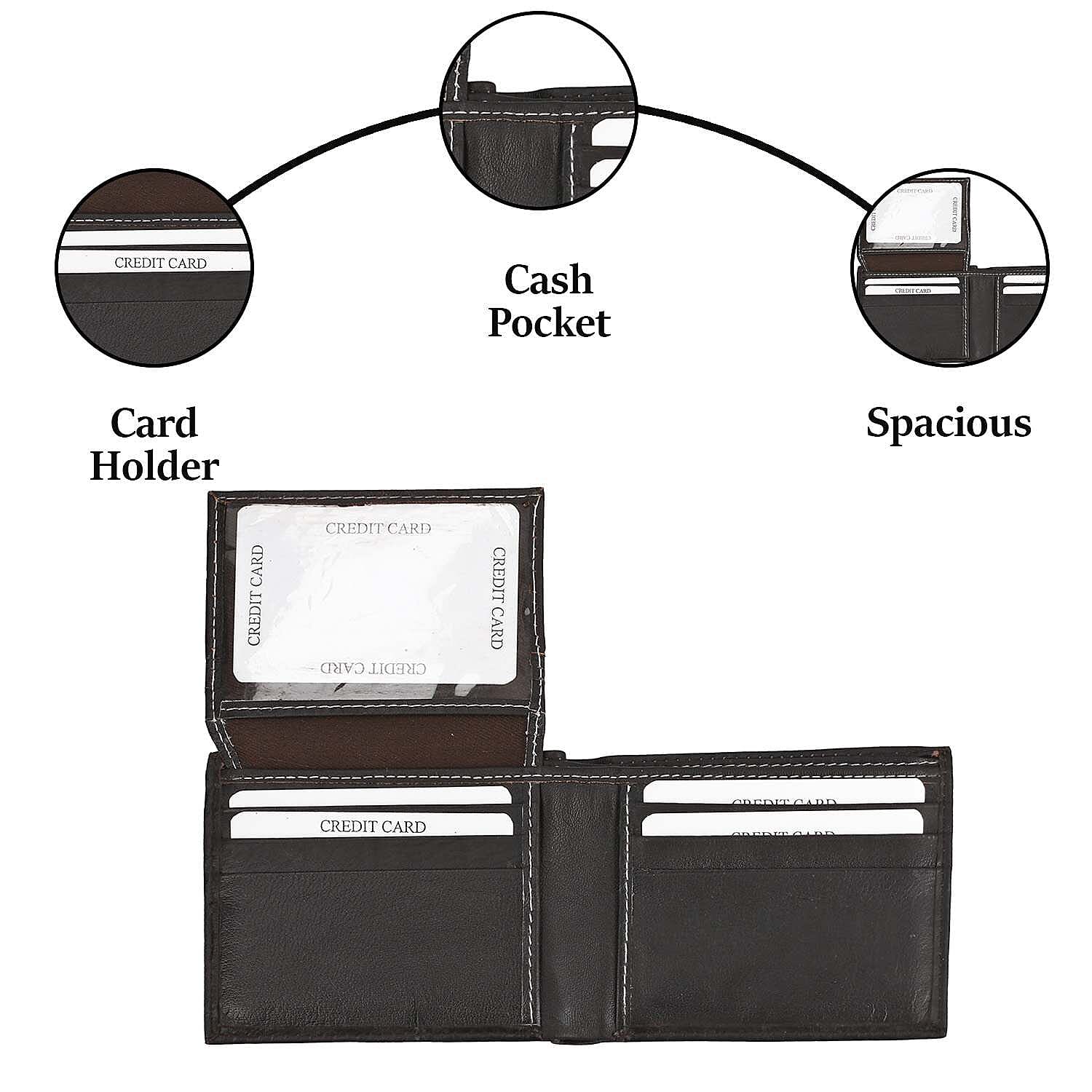 100% Genuine Leather Bi Fold Wallet with RFID Protection - Brown