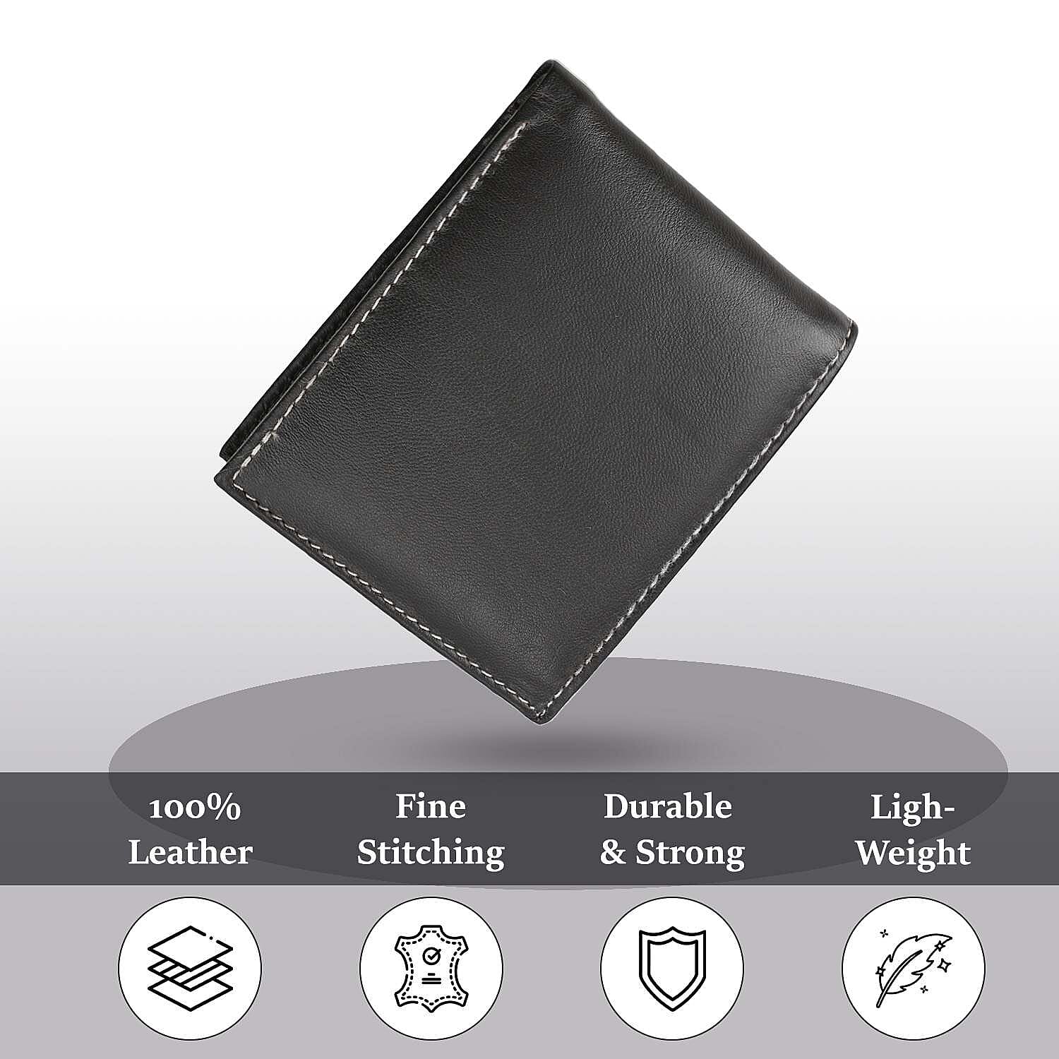 100% Genuine Leather Bi Fold Wallet with RFID Protection - Brown