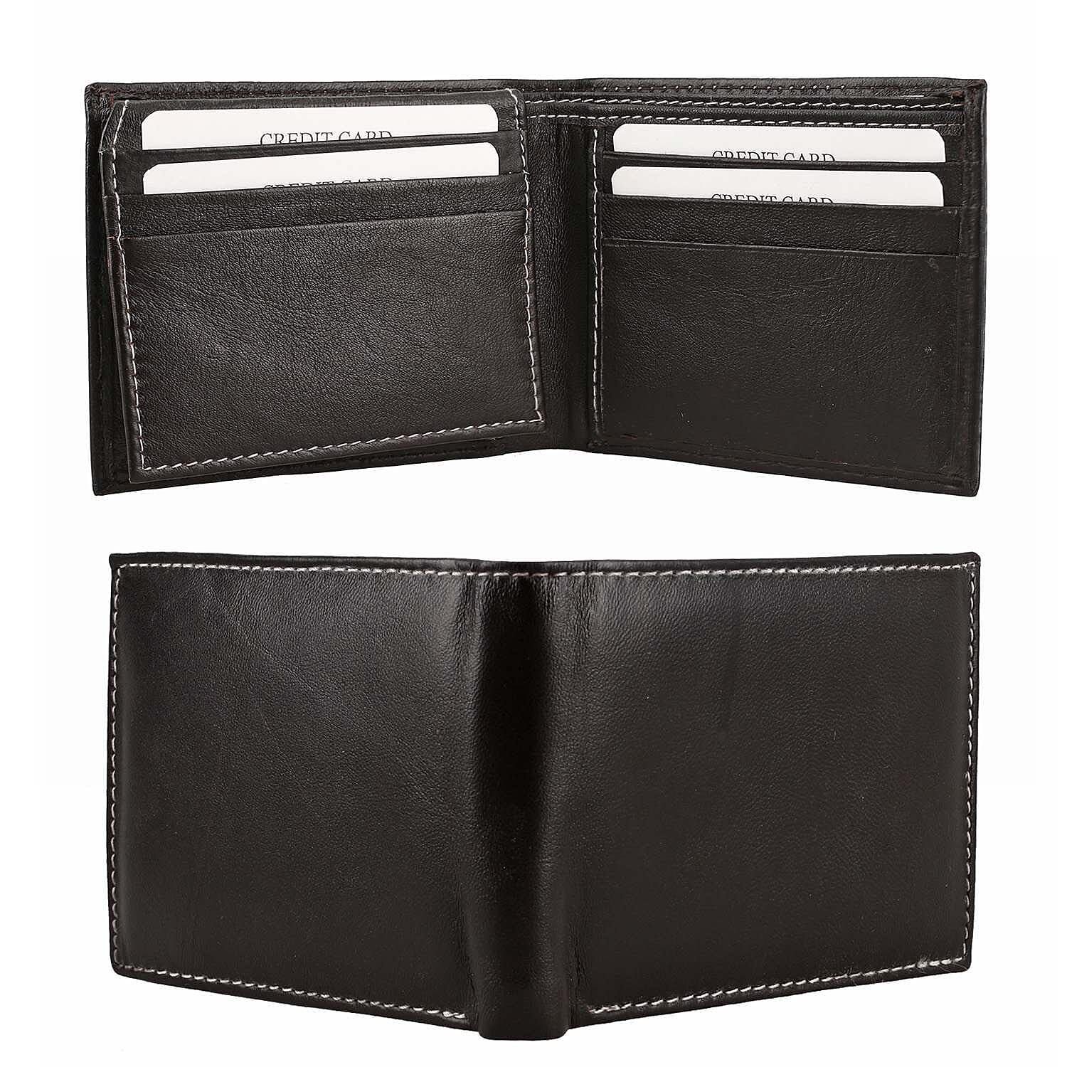 100% Genuine Leather Bi Fold Wallet with RFID Protection - Brown