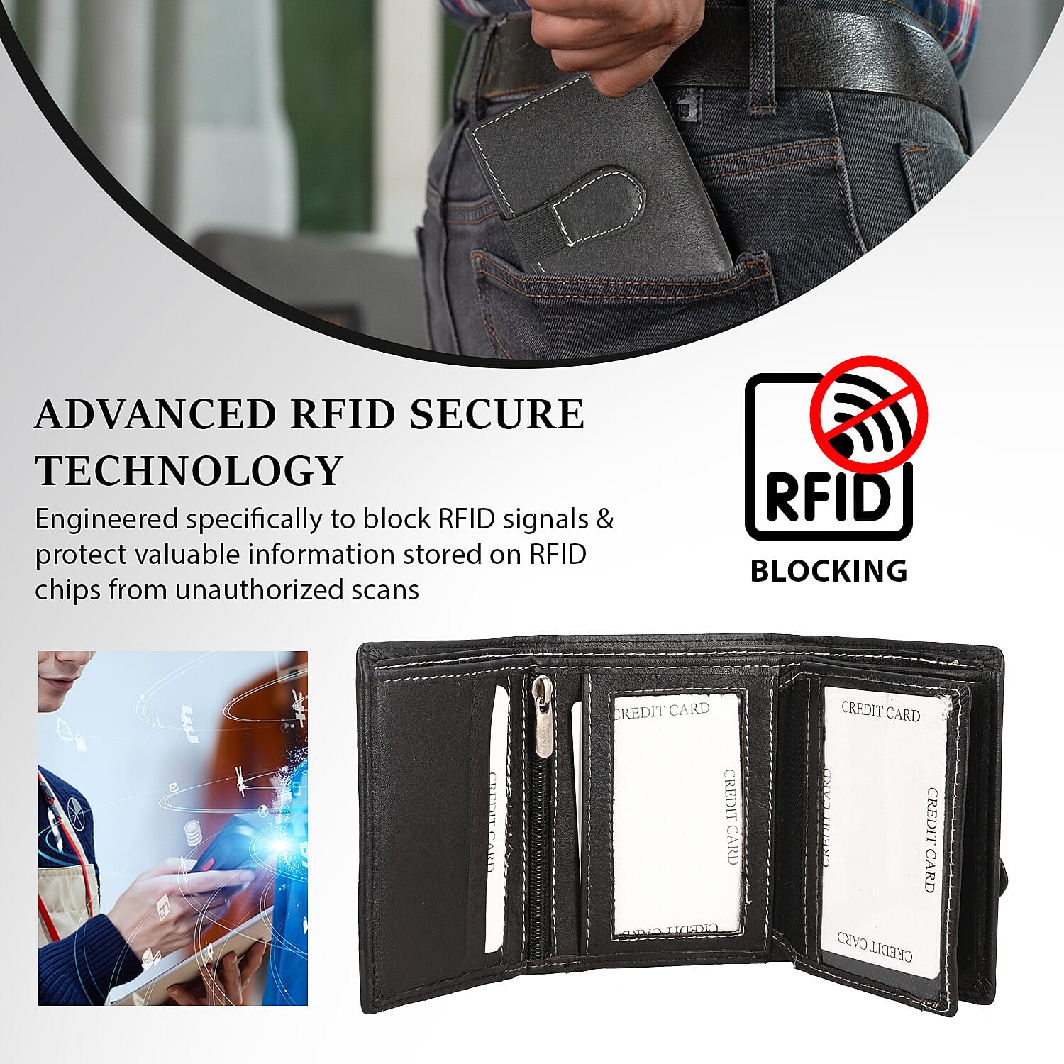 Genuine Leather Tri-Fold RFID Protected Mens Wallet