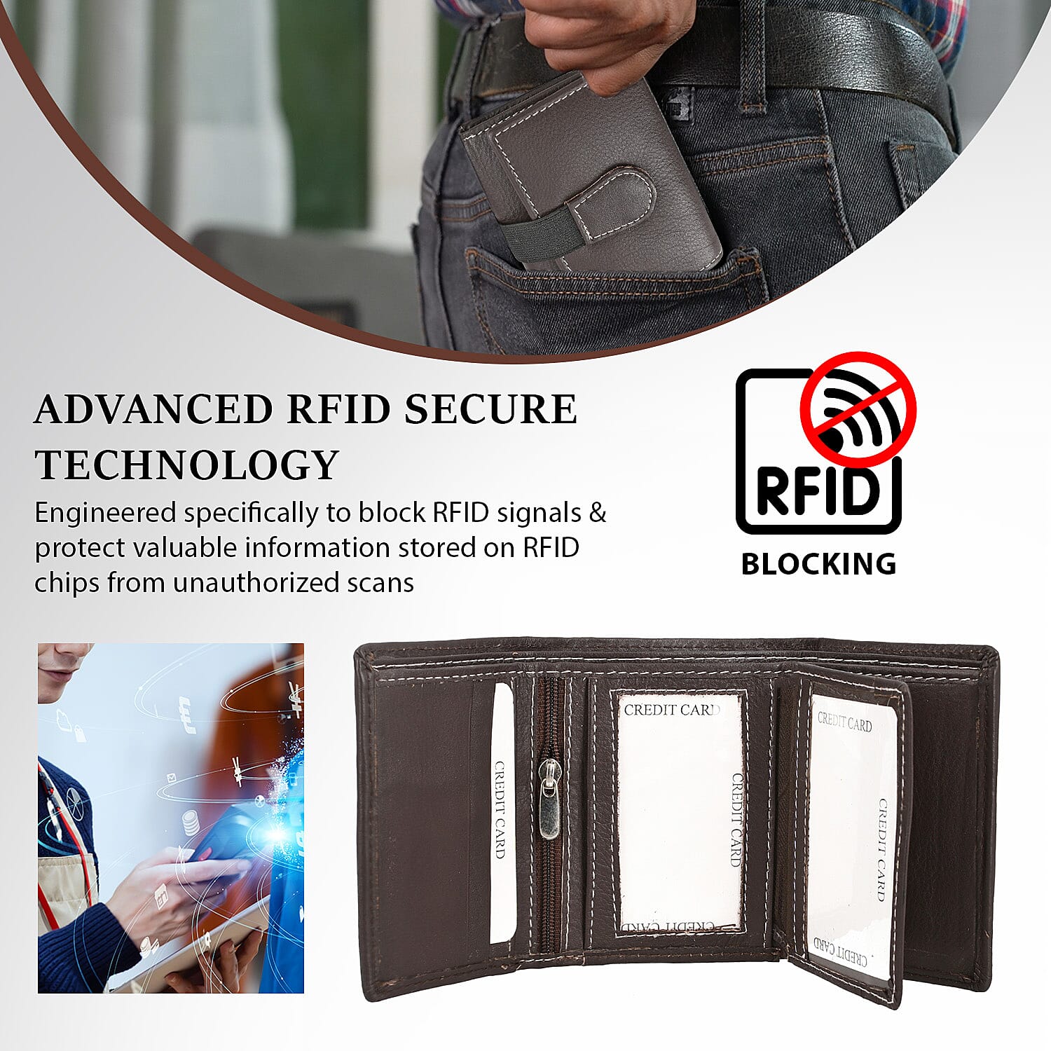 Genuine Leather Tri-Fold RFID Protected Ladies Wallet - Brown