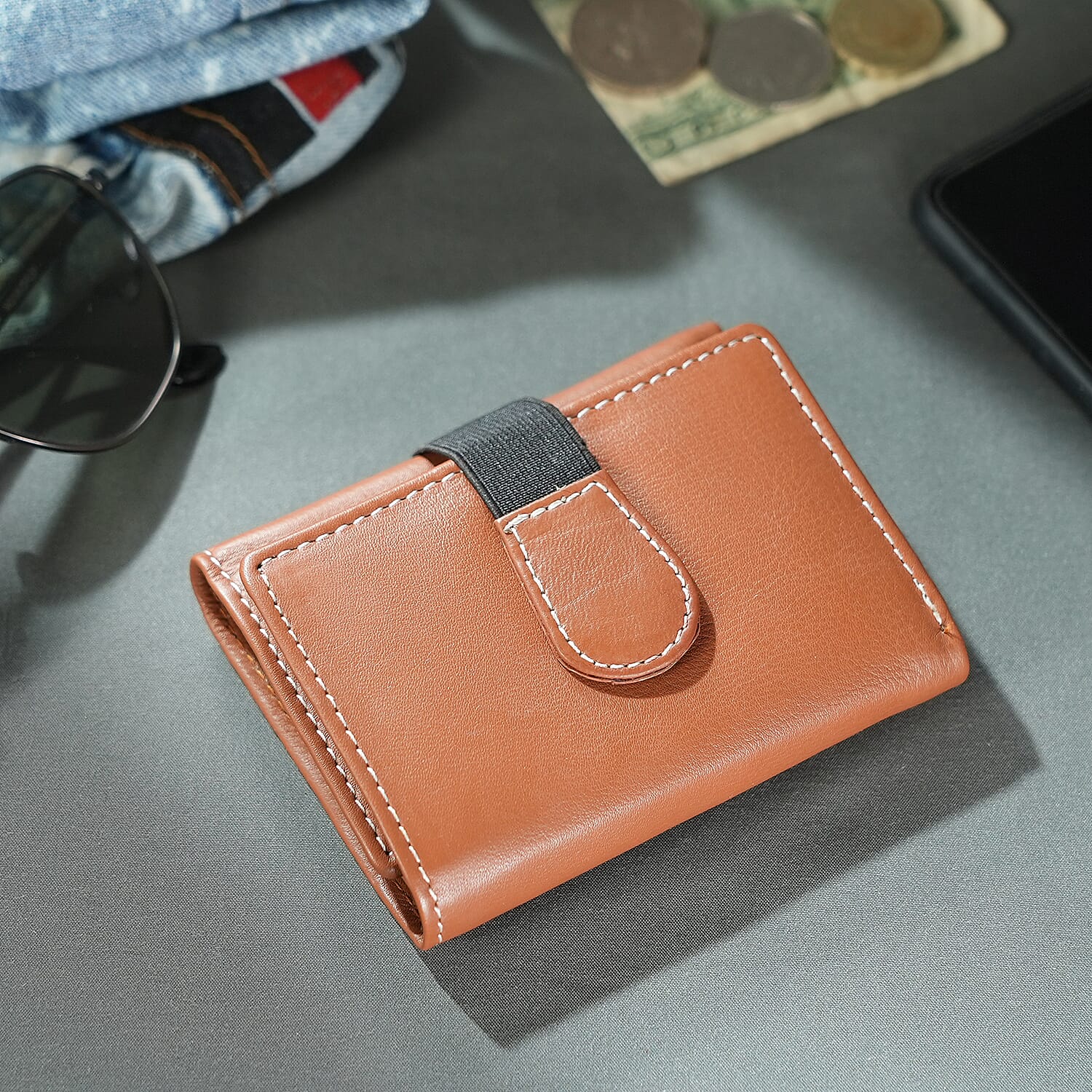 Genuine Leather Tri-Fold RFID Protected Ladies Wallet - Tan