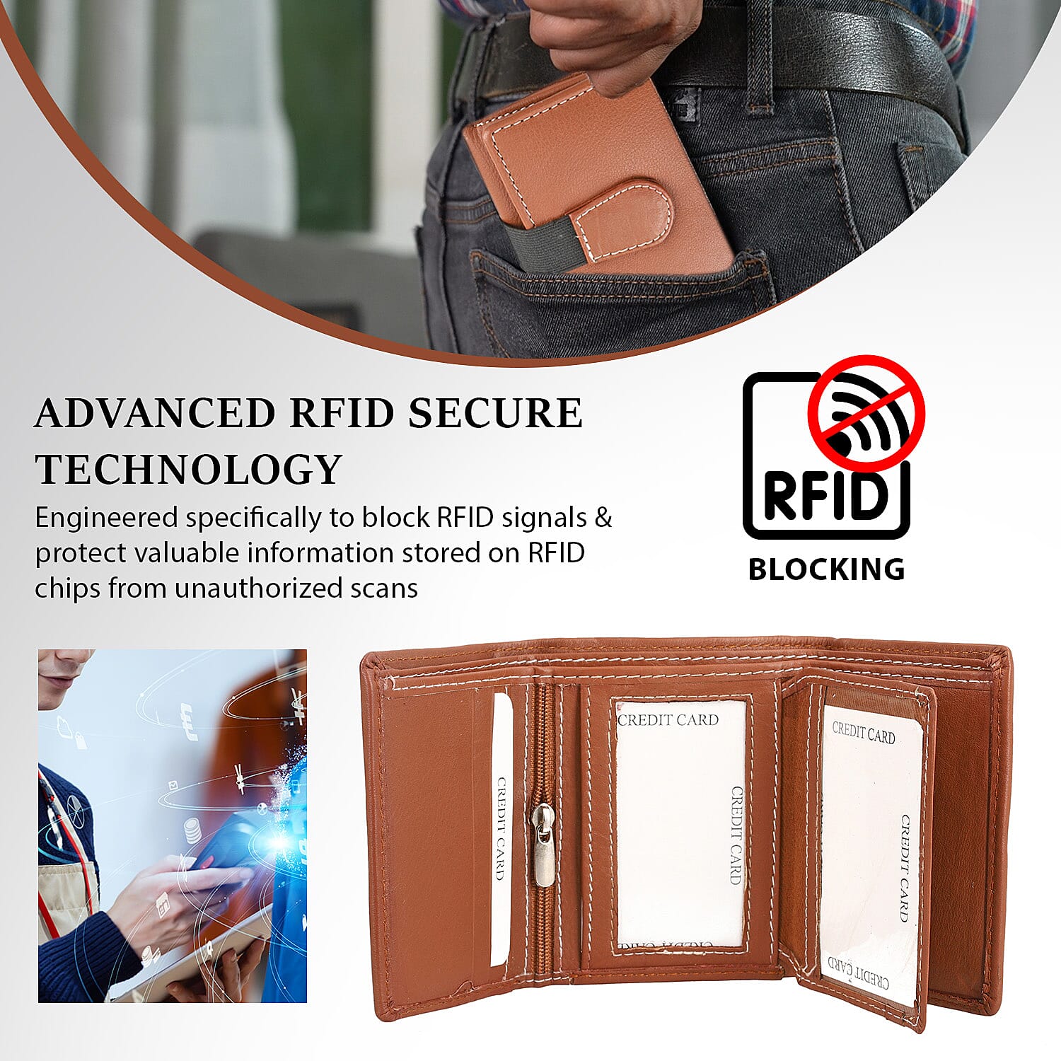 Genuine Leather Tri-Fold RFID Protected Ladies Wallet - Tan