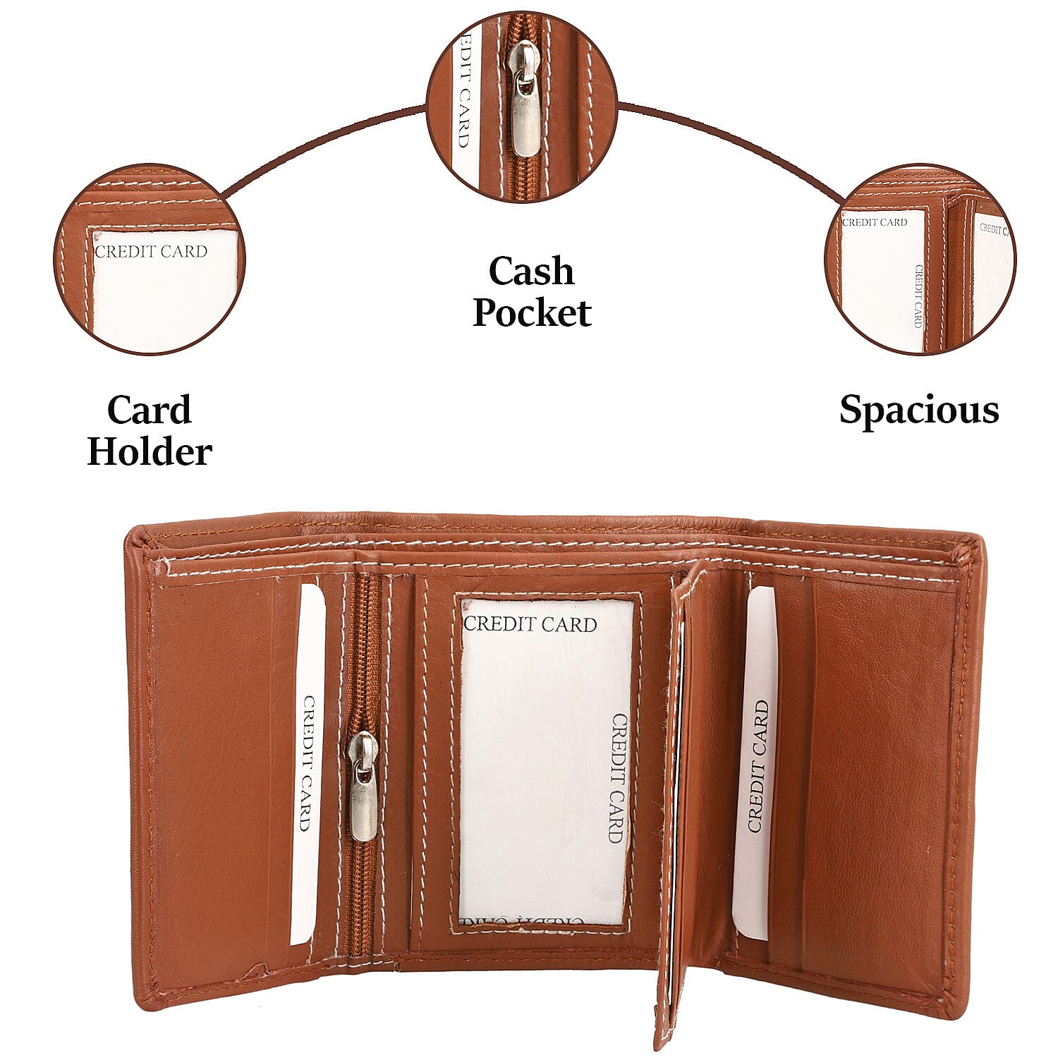 Genuine Leather Tri-Fold RFID Protected Ladies Wallet - Tan