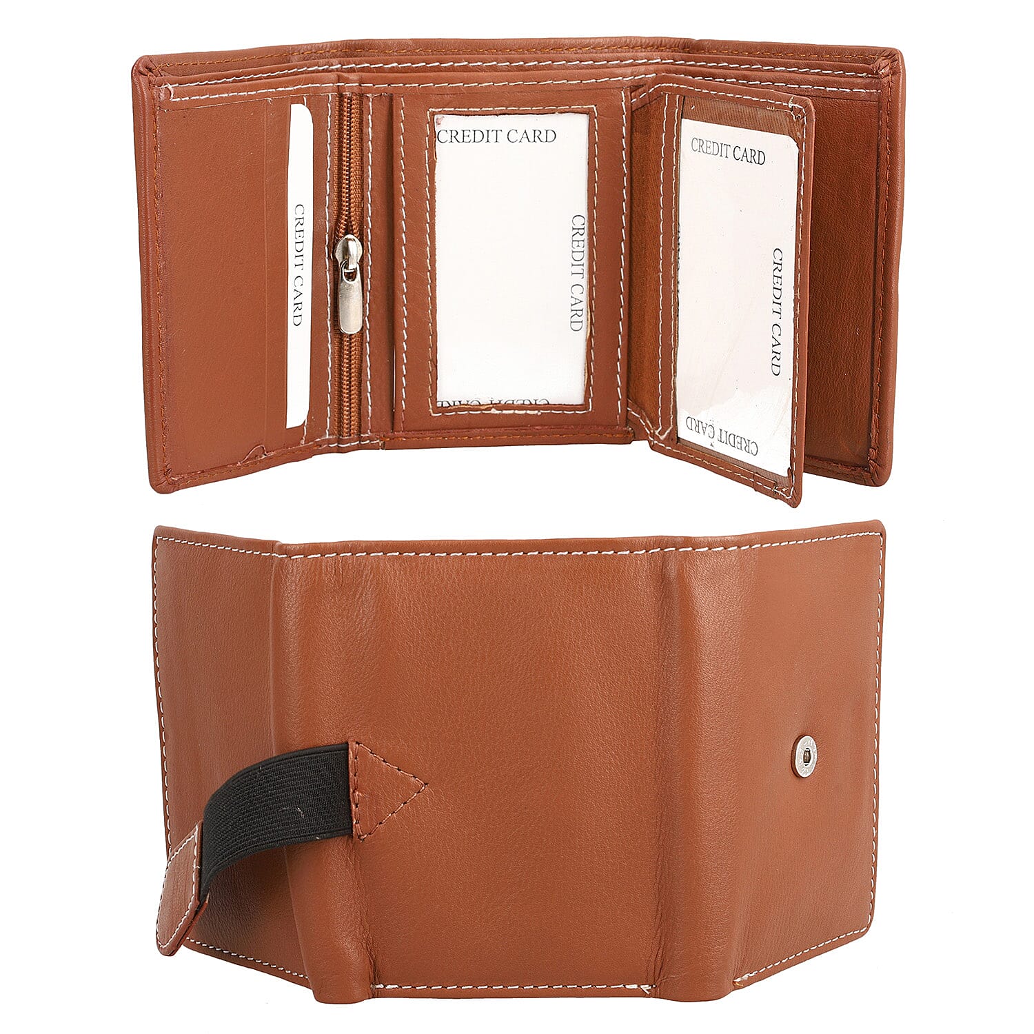 Genuine Leather Tri-Fold RFID Protected Ladies Wallet - Tan