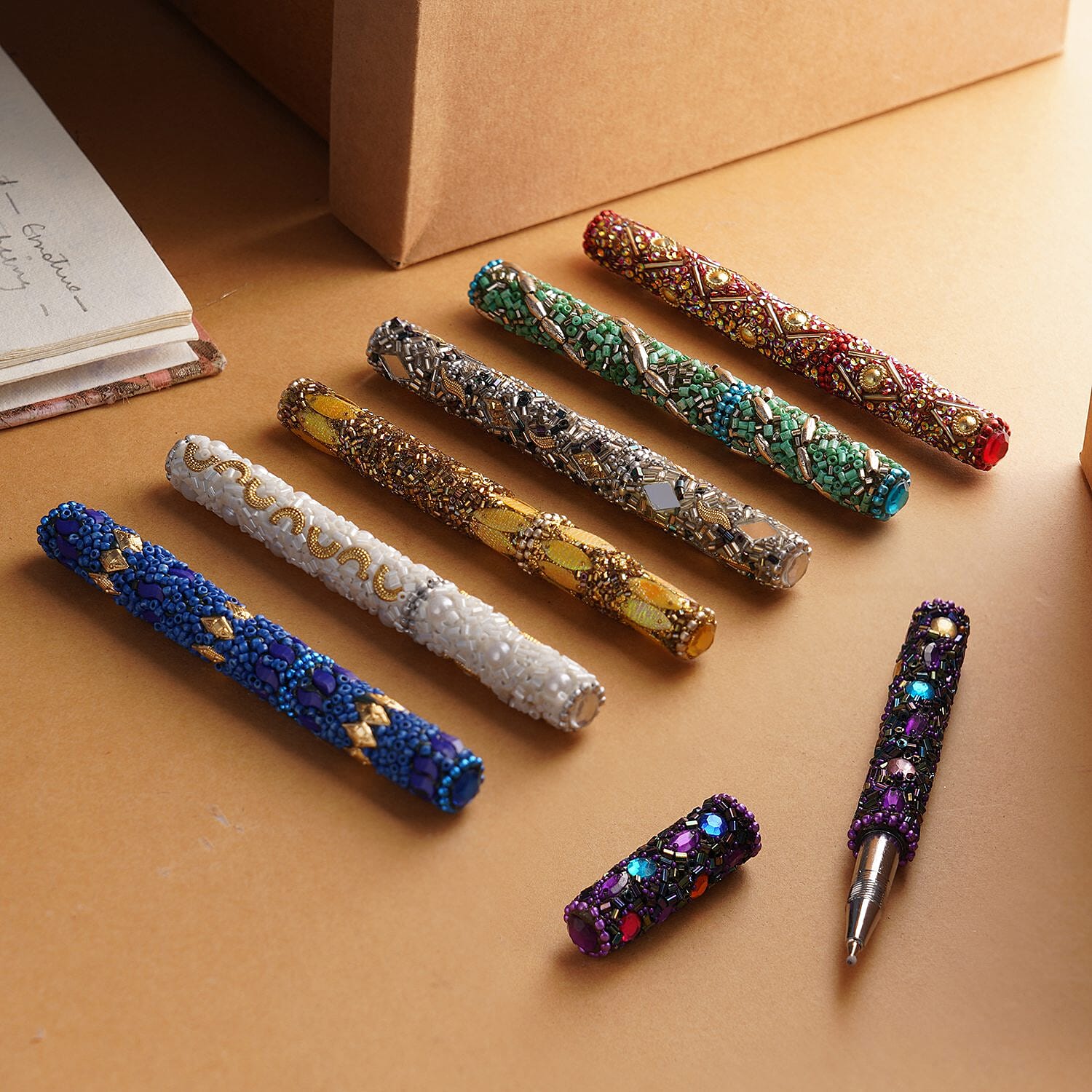 Set of 7 Hand Crafted Crystal Embellished Beaded Pens - Multi