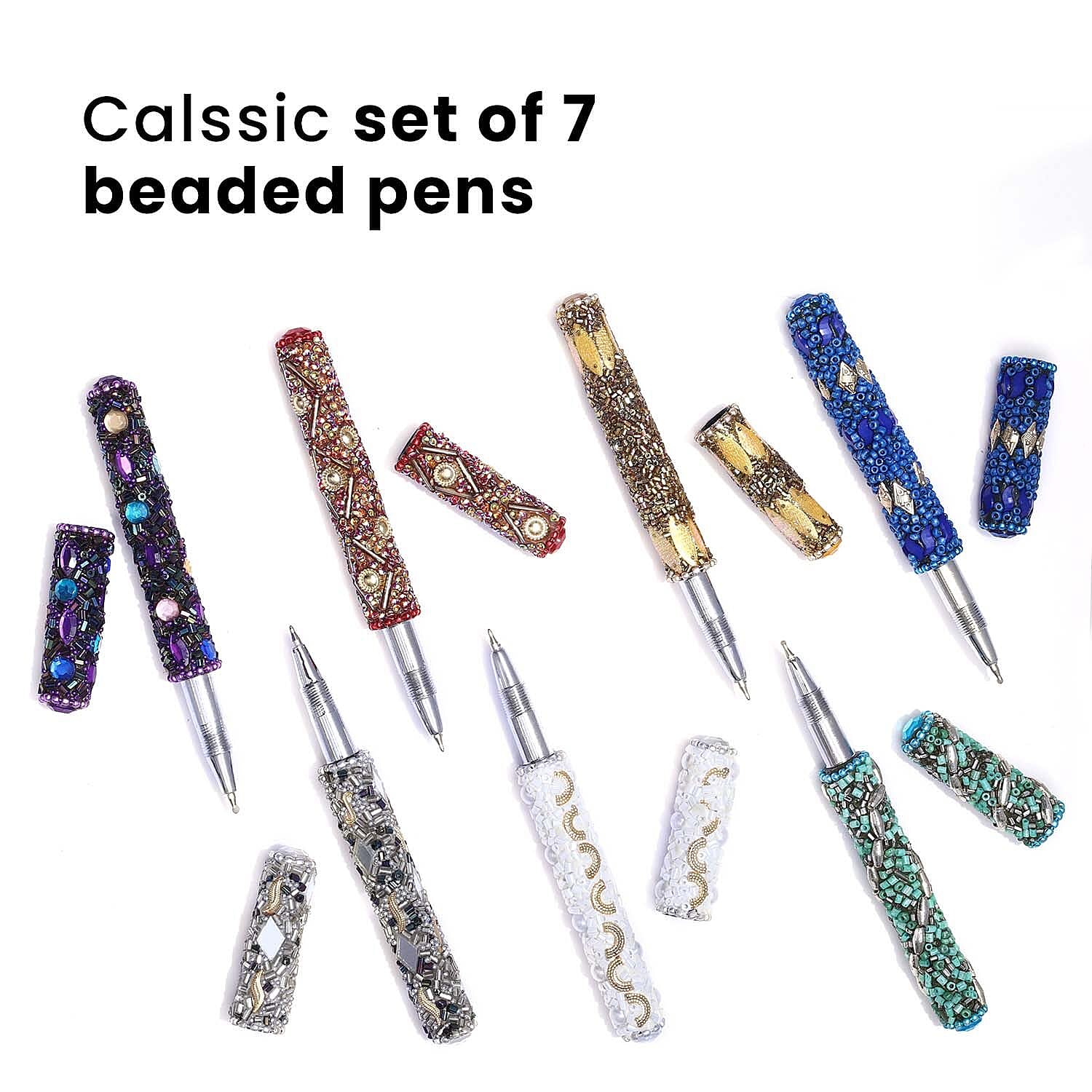 Set of 7 Hand Crafted Crystal Embellished Beaded Pens - Multi