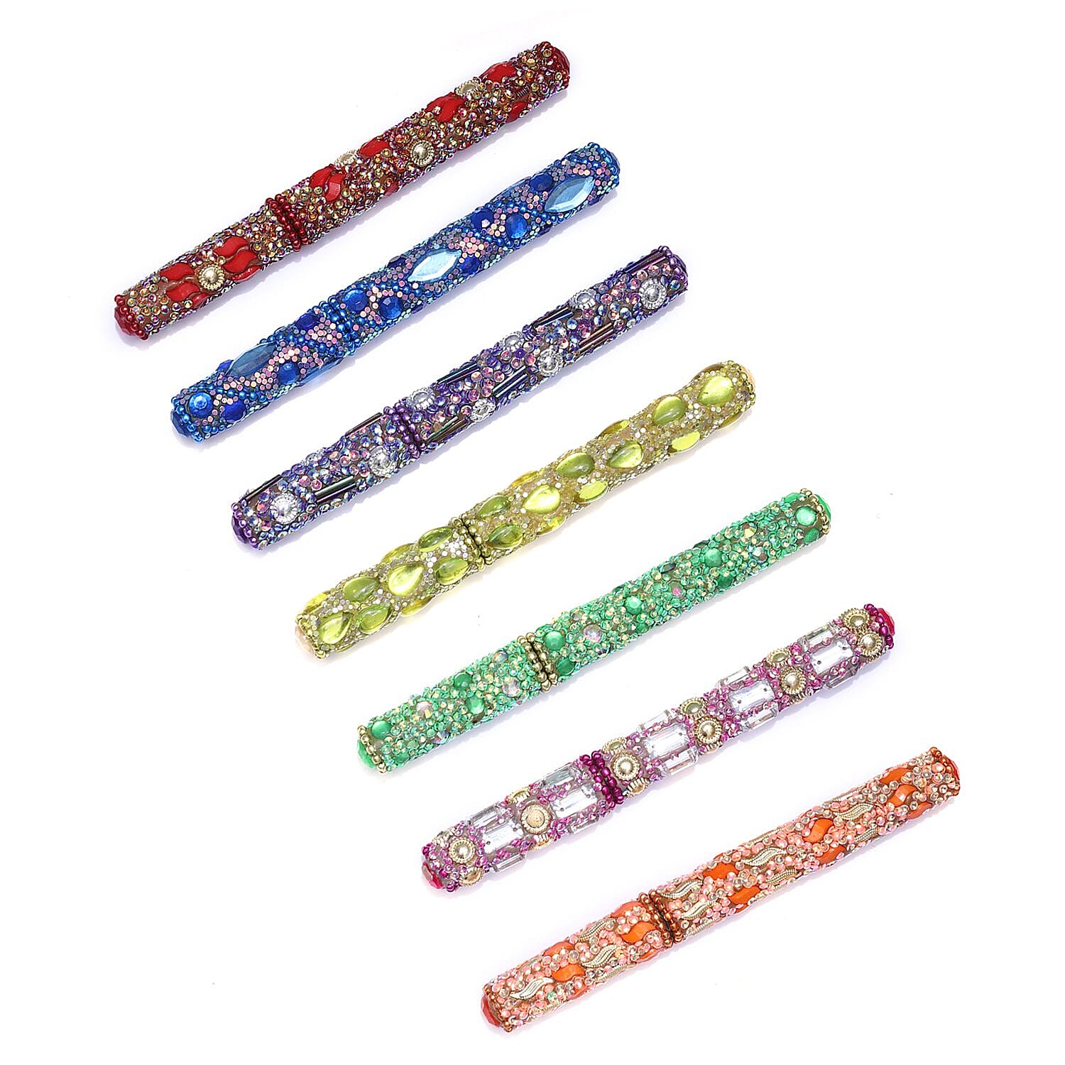 Set of 7 Hand Crafted Crystal Embellished Beaded Pens - Multi