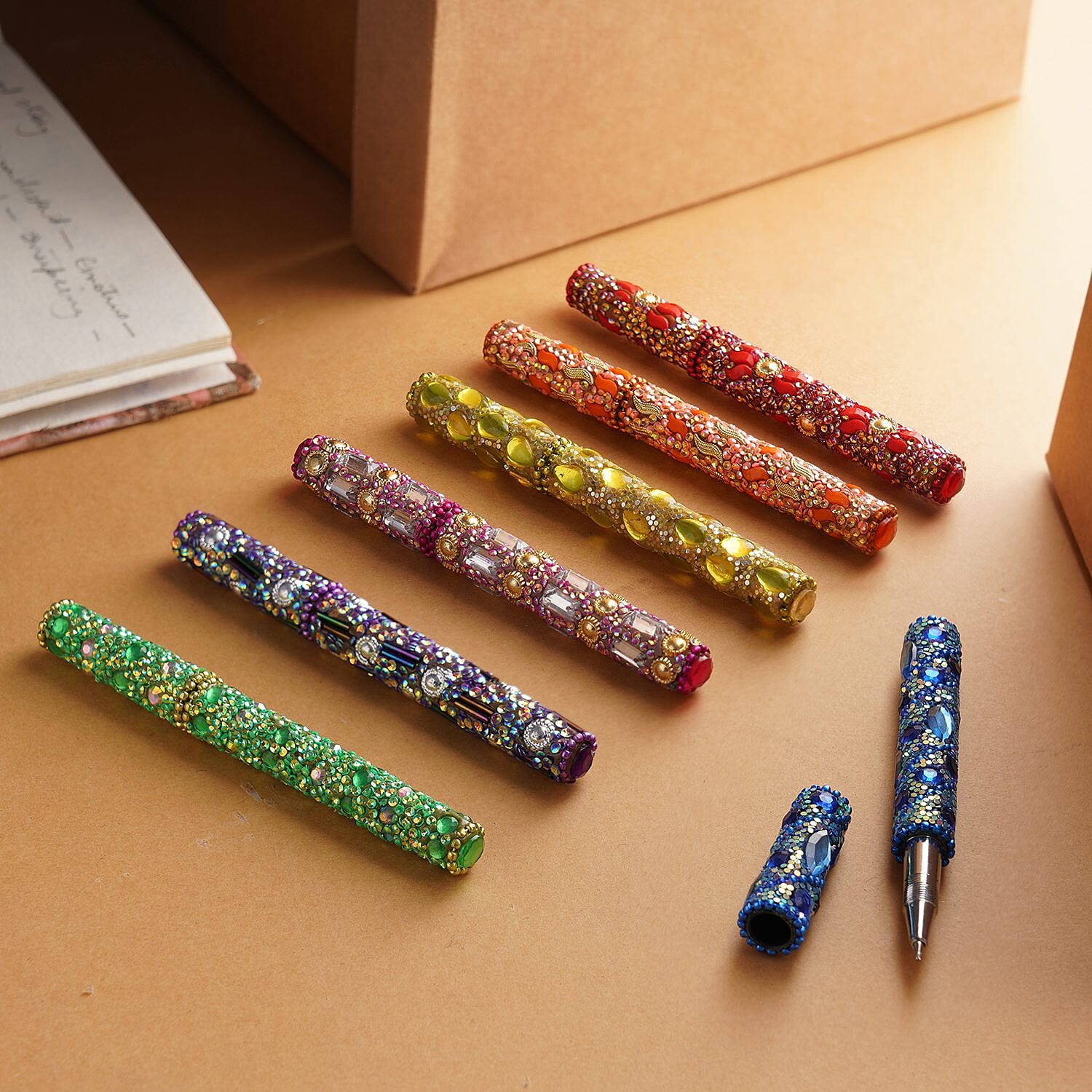 Set of 7 Hand Crafted Crystal Embellished Beaded Pens - Multi