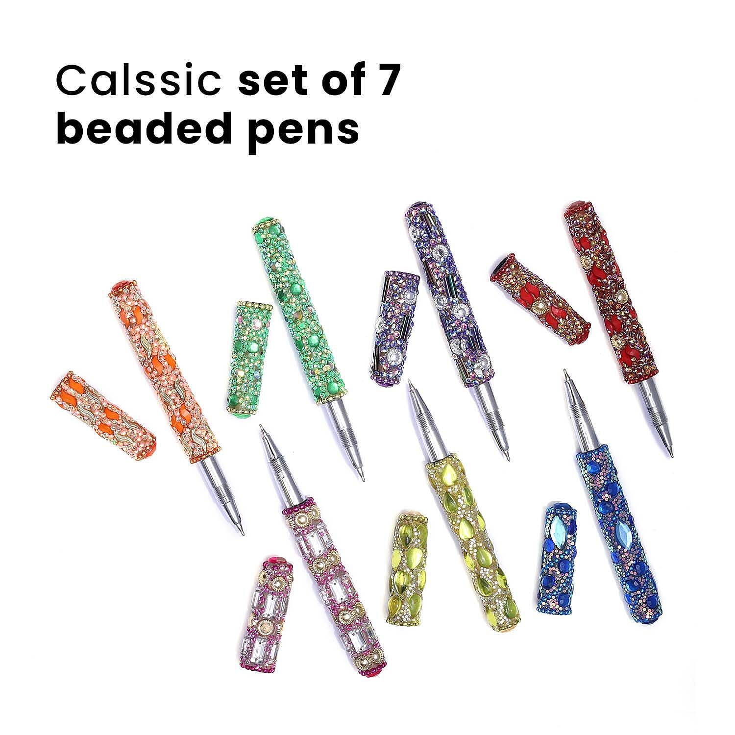 Set of 7 Hand Crafted Crystal Embellished Beaded Pens - Multi