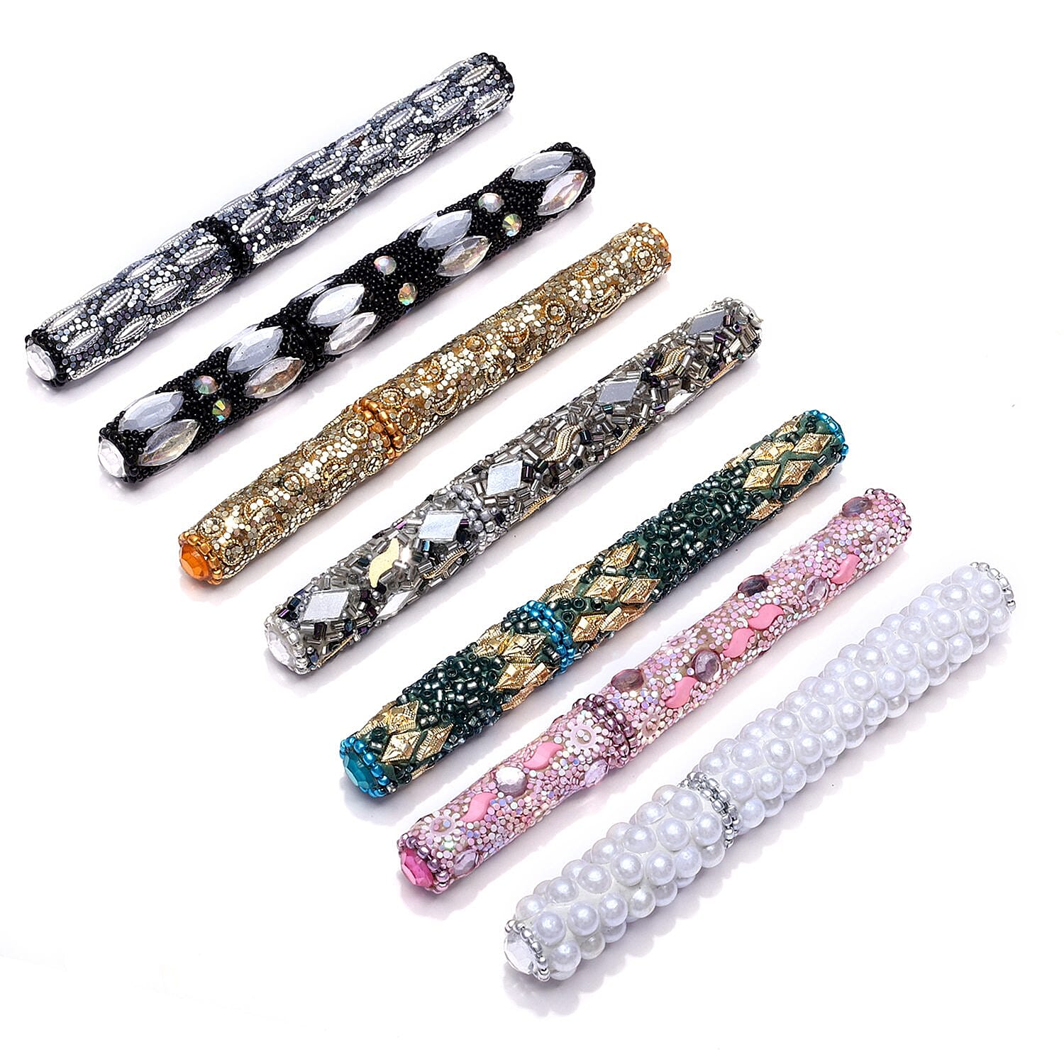 Set of 7 Hand Crafted Crystal Embellished Beaded Pens - Multi