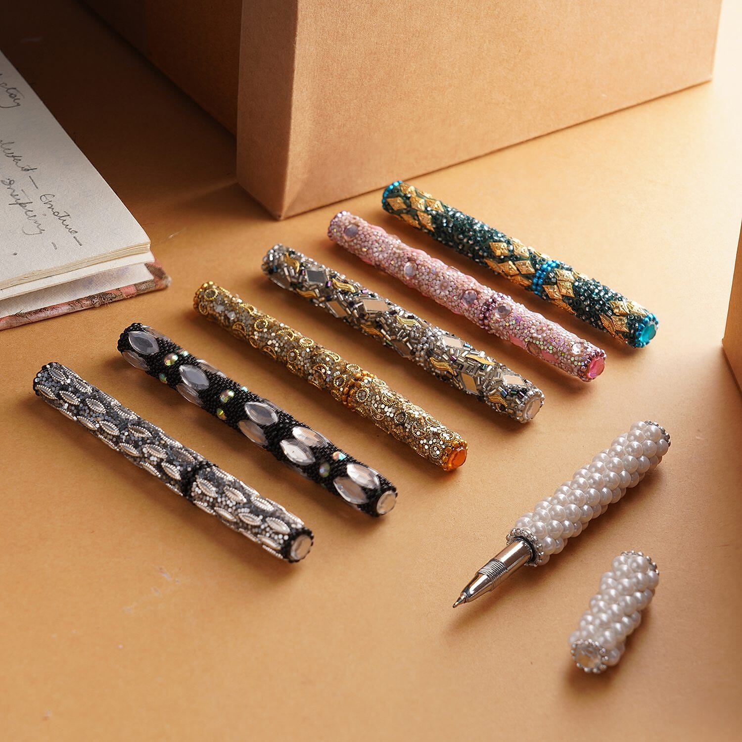 Set of 7 Hand Crafted Crystal Embellished Beaded Pens - Multi