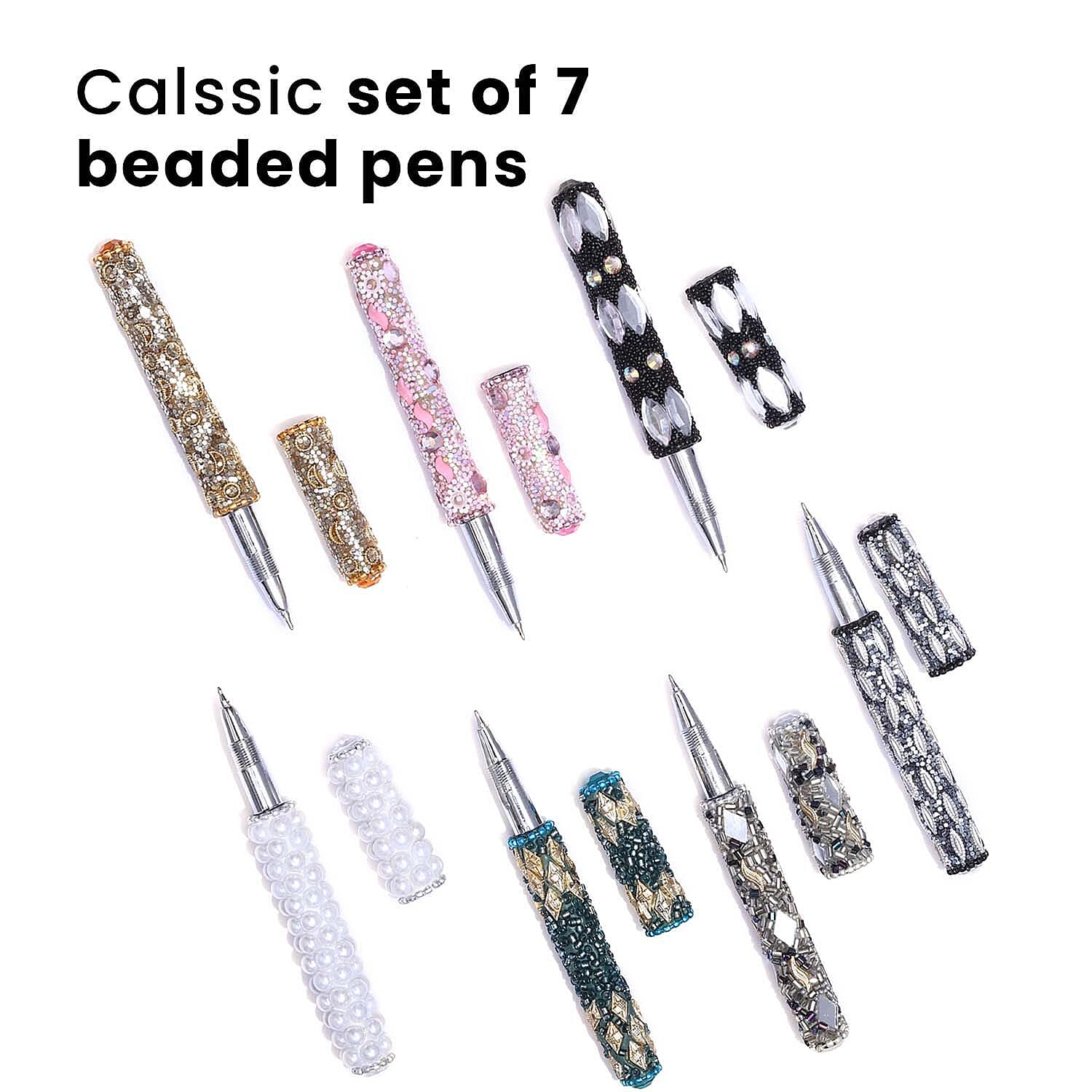 Set of 7 Hand Crafted Crystal Embellished Beaded Pens - Multi
