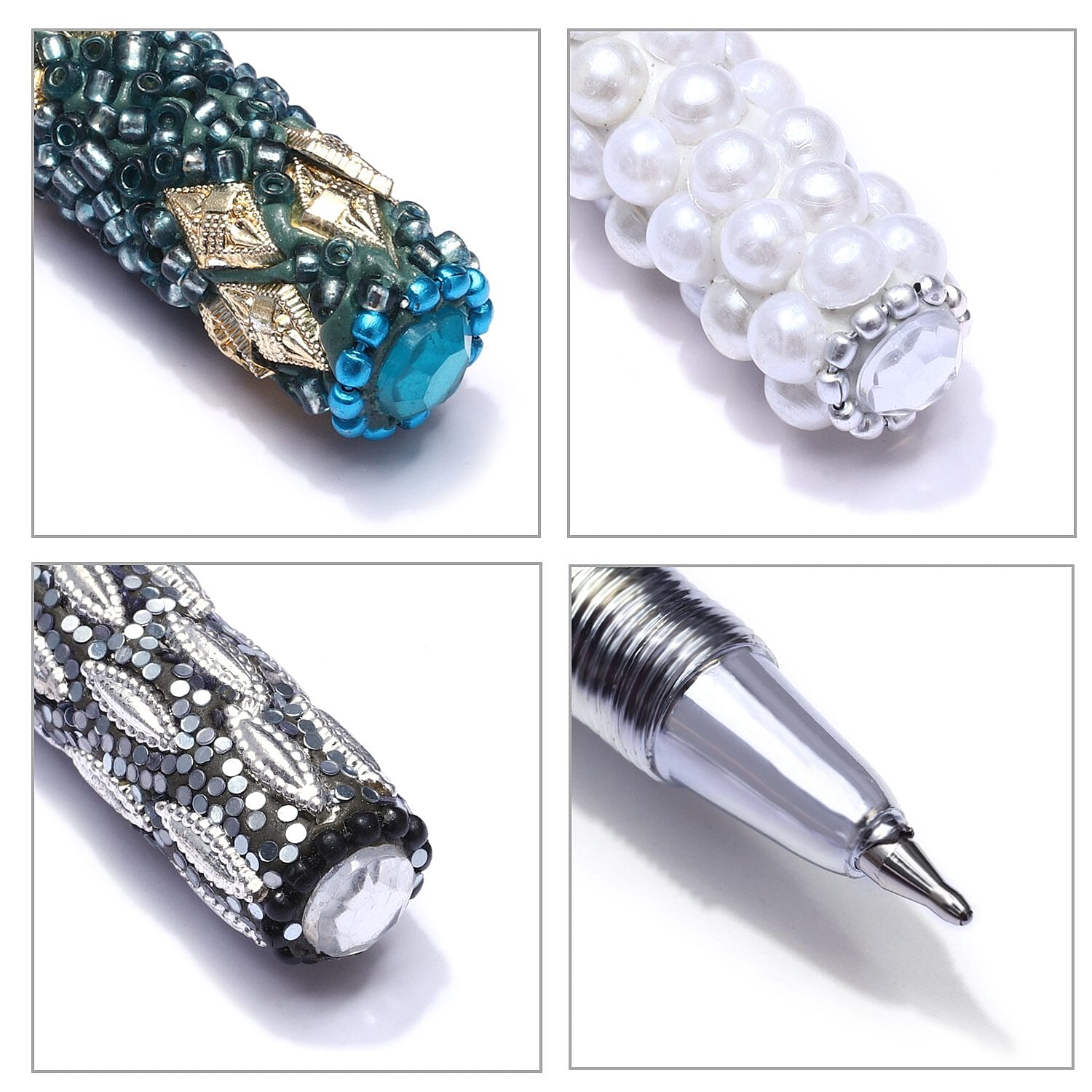 Set of 7 Hand Crafted Crystal Embellished Beaded Pens - Multi