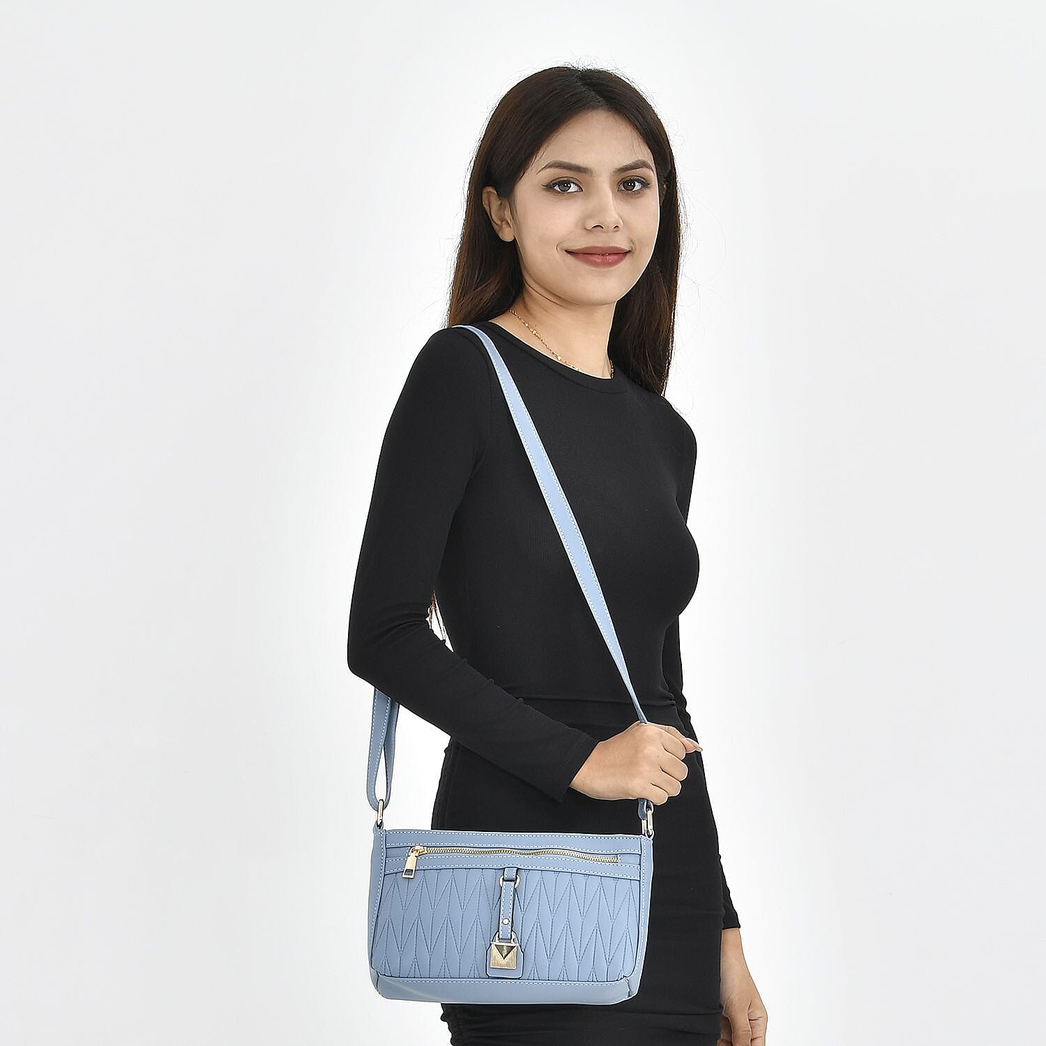 Chevron Pattern Crossbody Shoulder Bag with Adjustable Strap (Size 25x16x6 cm) - Blue