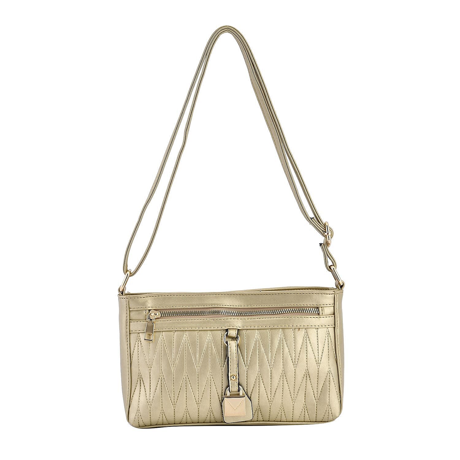 Chevron Pattern Crossbody Shoulder Bag with Adjustable Strap (Size 25x16x6 cm) - Gold
