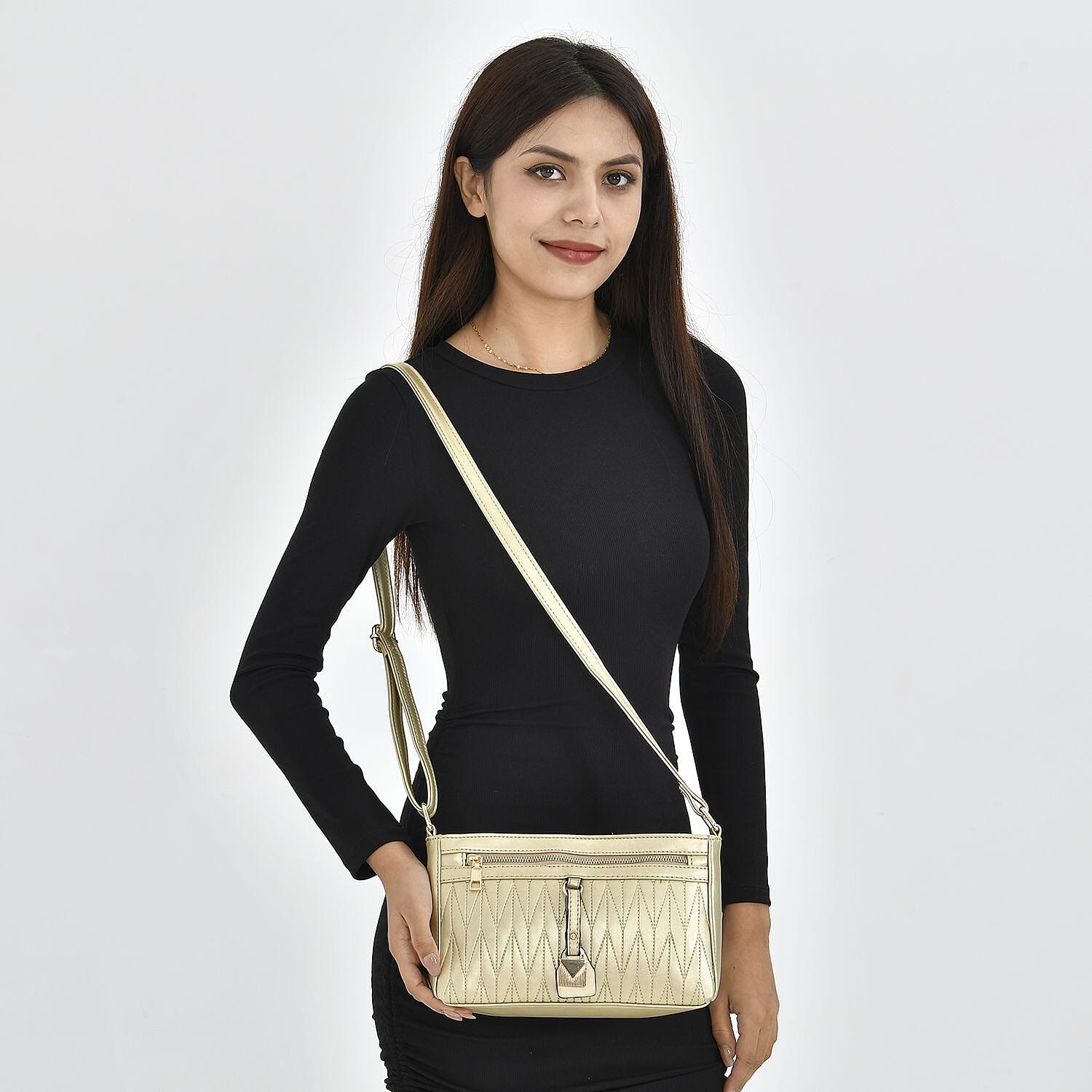 Chevron Pattern Crossbody Shoulder Bag with Adjustable Strap (Size 25x16x6 cm) - Gold