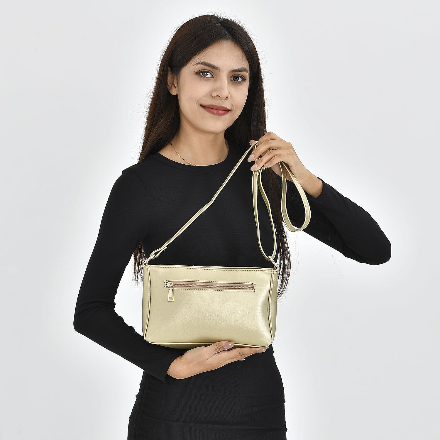 Chevron Pattern Crossbody Shoulder Bag with Adjustable Strap (Size 25x16x6 cm) - Gold